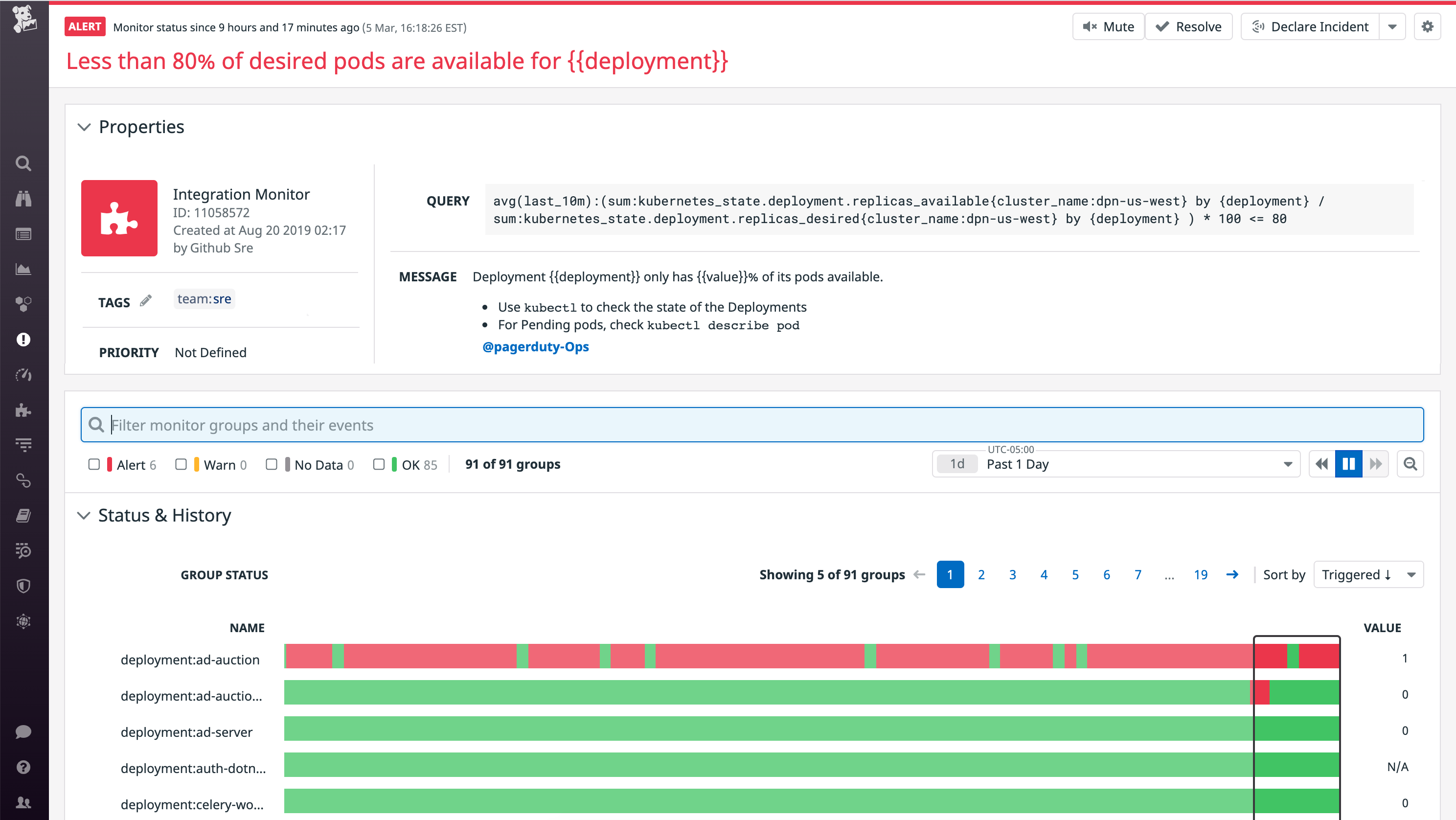 Monitor pending pods by setting up an alert to detect when less than 80 percent of replicas in a deployment are running.