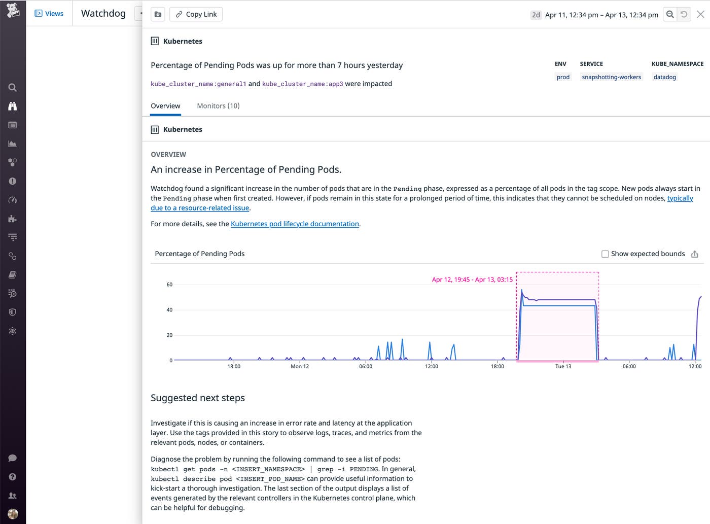 Datadog's Watchdog auto-detection engine helps you understand when there is an abnormal percentage of Kubernetes Pending pods. Datadog's Watchdog auto-detection engine helps you understand when there is an abnormal percentage of Kubernetes Pending pods.