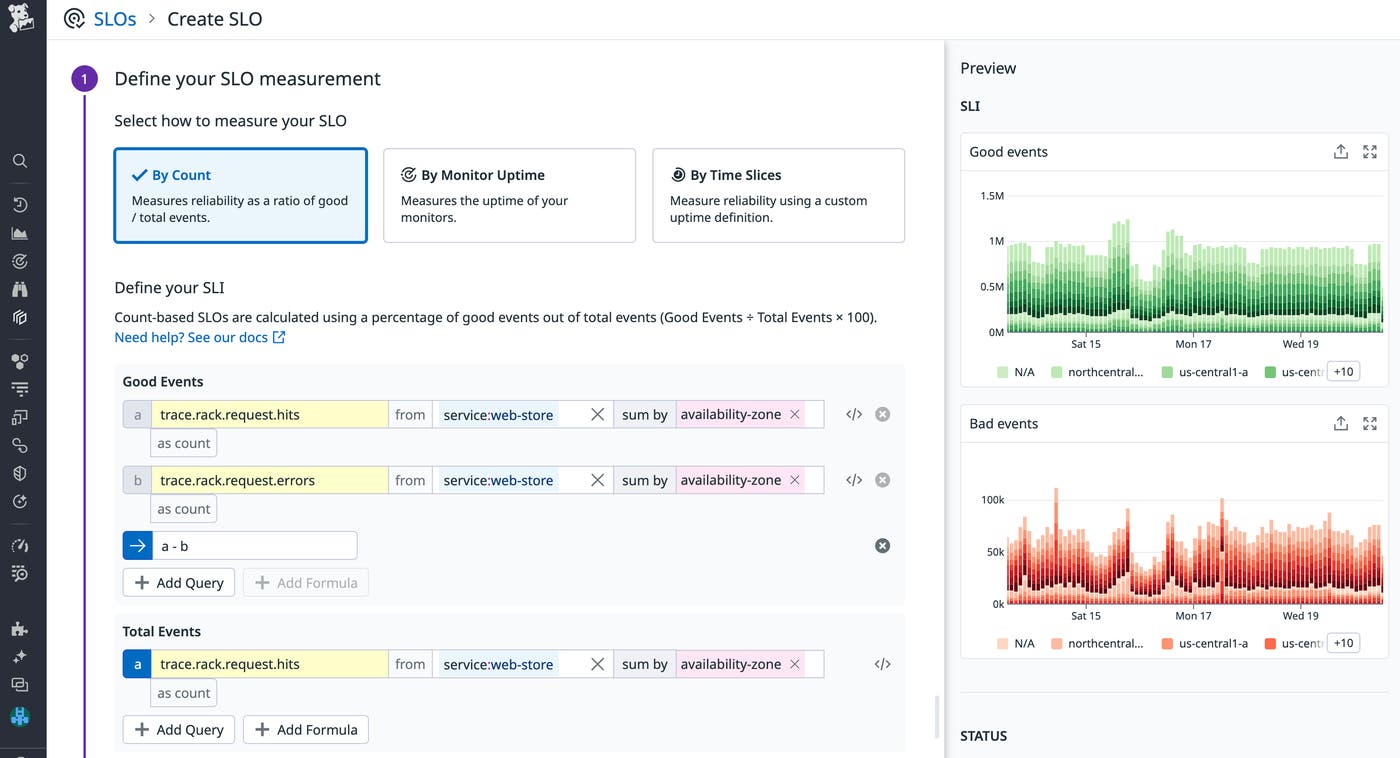 You can group your metric-based SLOs by adding one or more tags to the sum by aggregator. You can group your metric-based SLOs by adding one or more tags to the sum by aggregator.