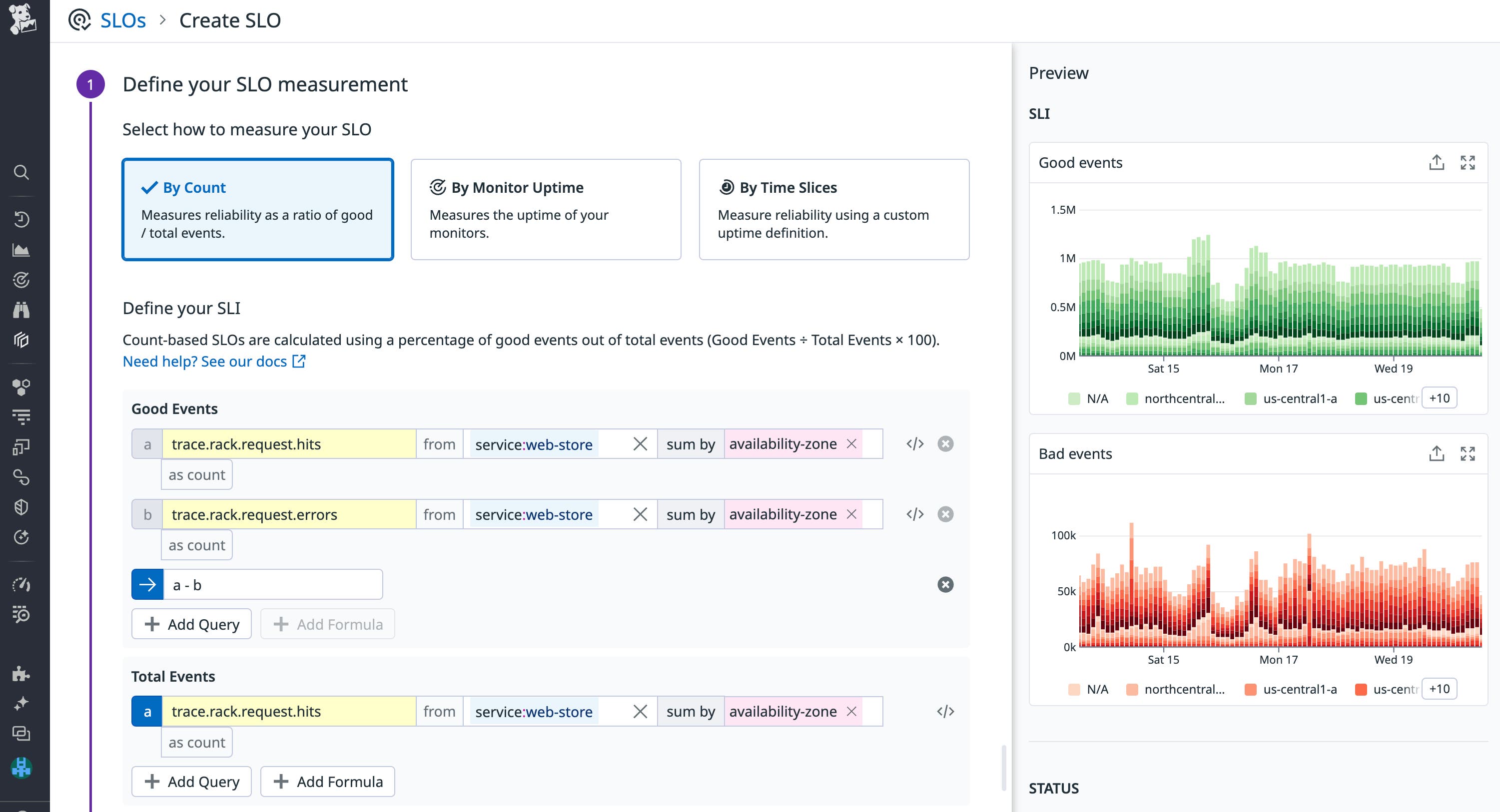 You can group your metric-based SLOs by adding one or more tags to the sum by aggregator. You can group your metric-based SLOs by adding one or more tags to the sum by aggregator.