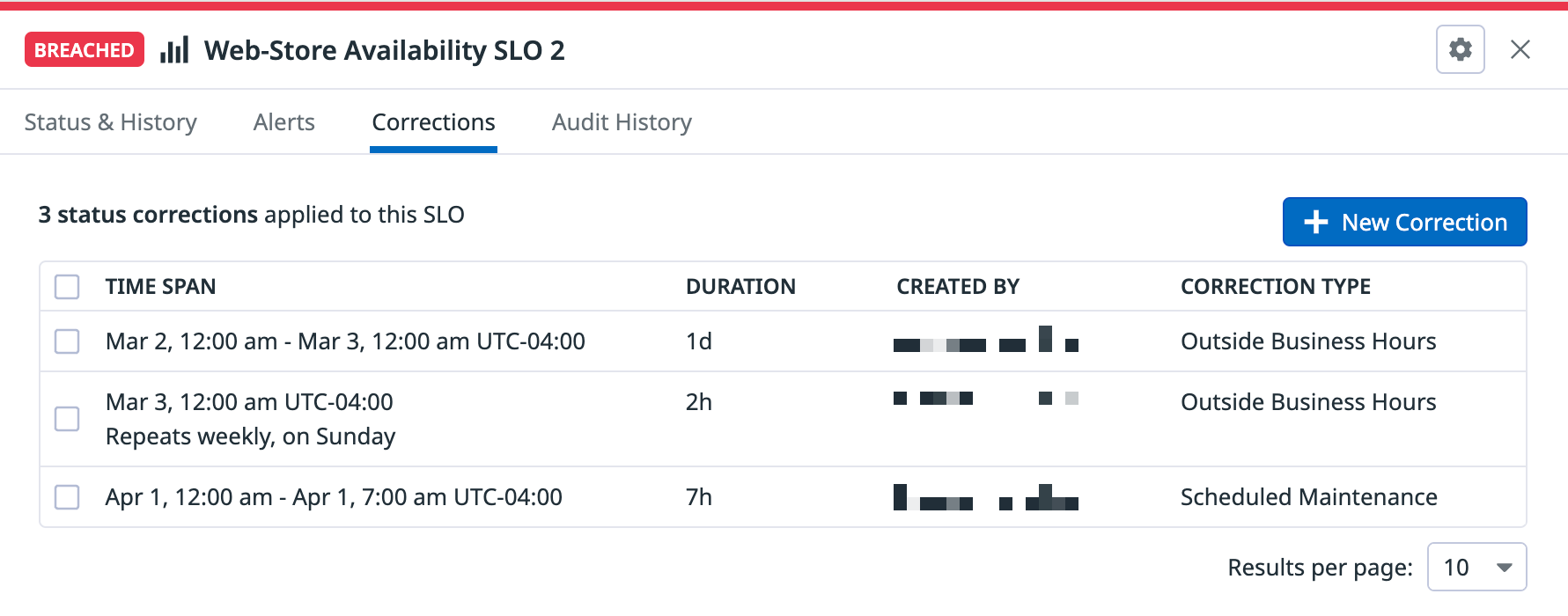 A screenshot shows a table of status corrections for the Web ELB availability SLO. The corrections listed include one scheduled maintenance, one that repeats daily, and one that repeats weekly.