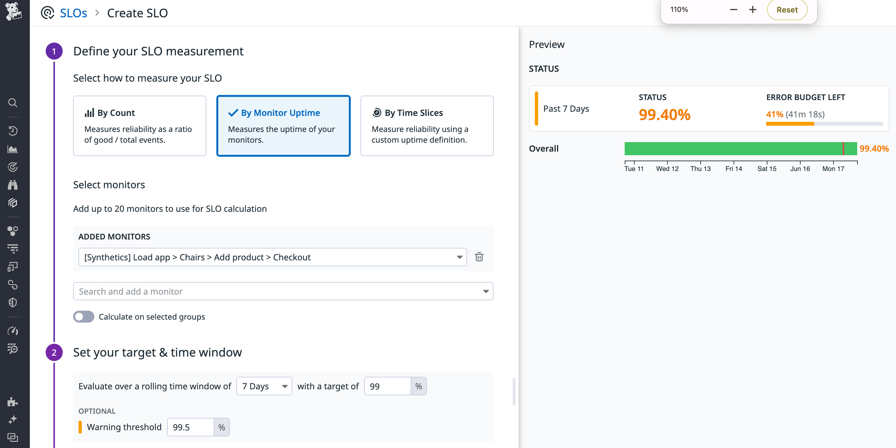 When you define a monitor-based SLO, you need to select monitor(s) to use. This moni