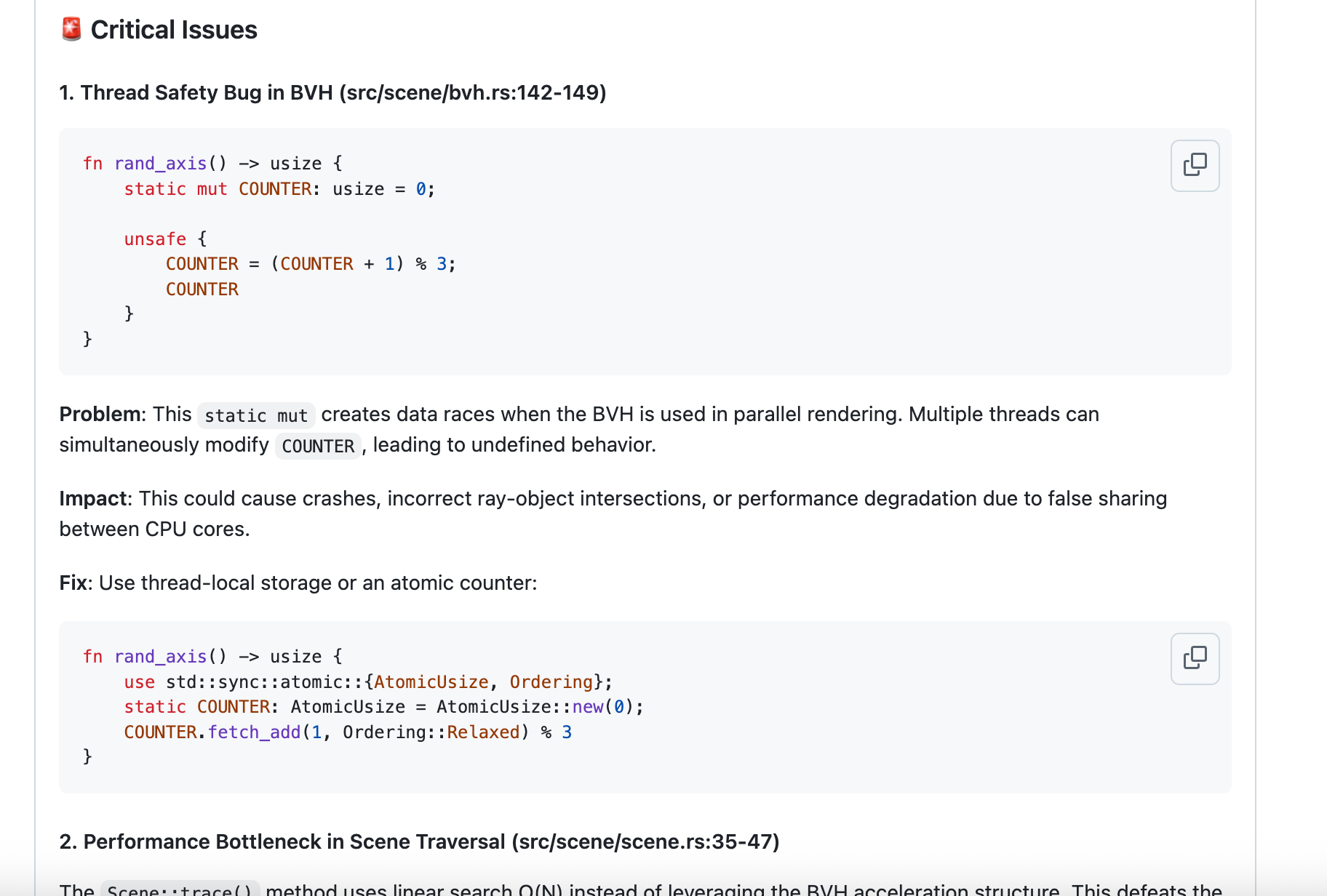 Claude is able to identify the data race issues and performance bottlenecks we previously discussed.