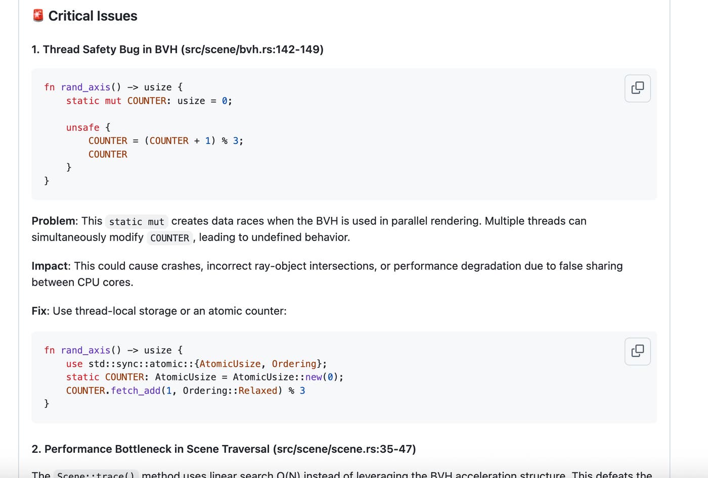 Claude is able to identify the data race issues and performance bottlenecks we previously discussed. Claude is able to identify the data race issues and performance bottlenecks we previously discussed.