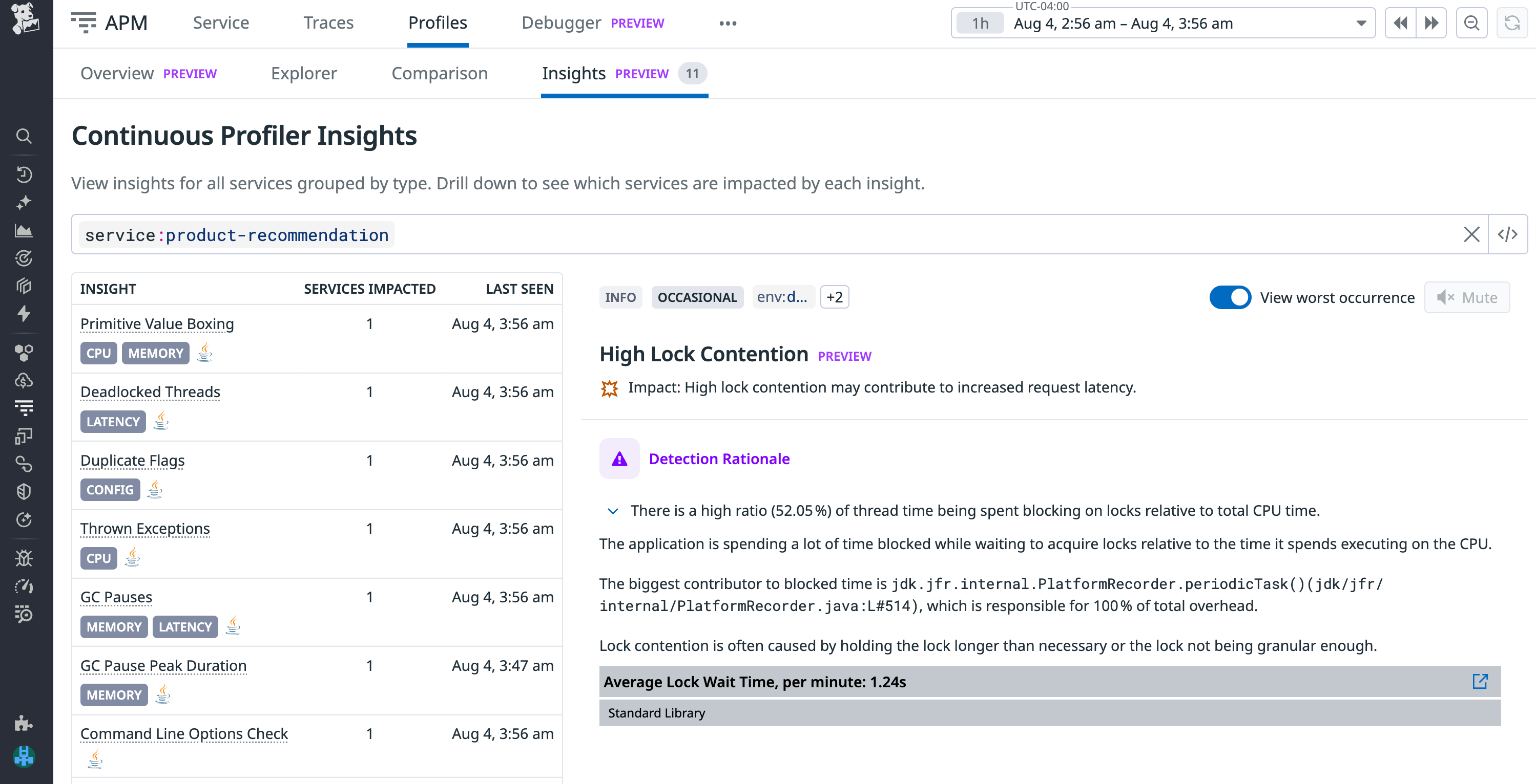 Easily identify issues such as high lock contention using the Datadog Continuous Profiler's Insights tab.