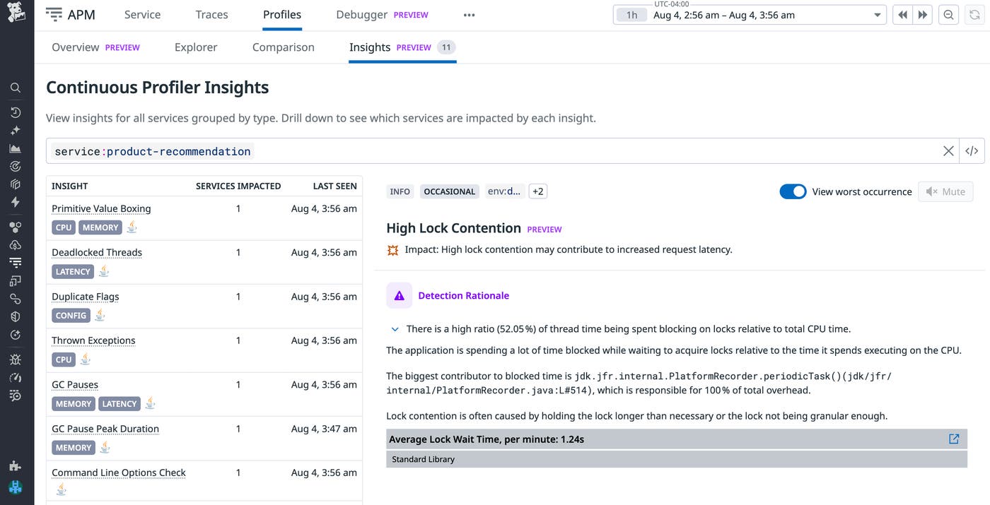 Easily identify issues such as high lock contention using the Datadog Continuous Profiler's Insights tab. Easily identify issues such as high lock contention using the Datadog Continuous Profiler's Insights tab.