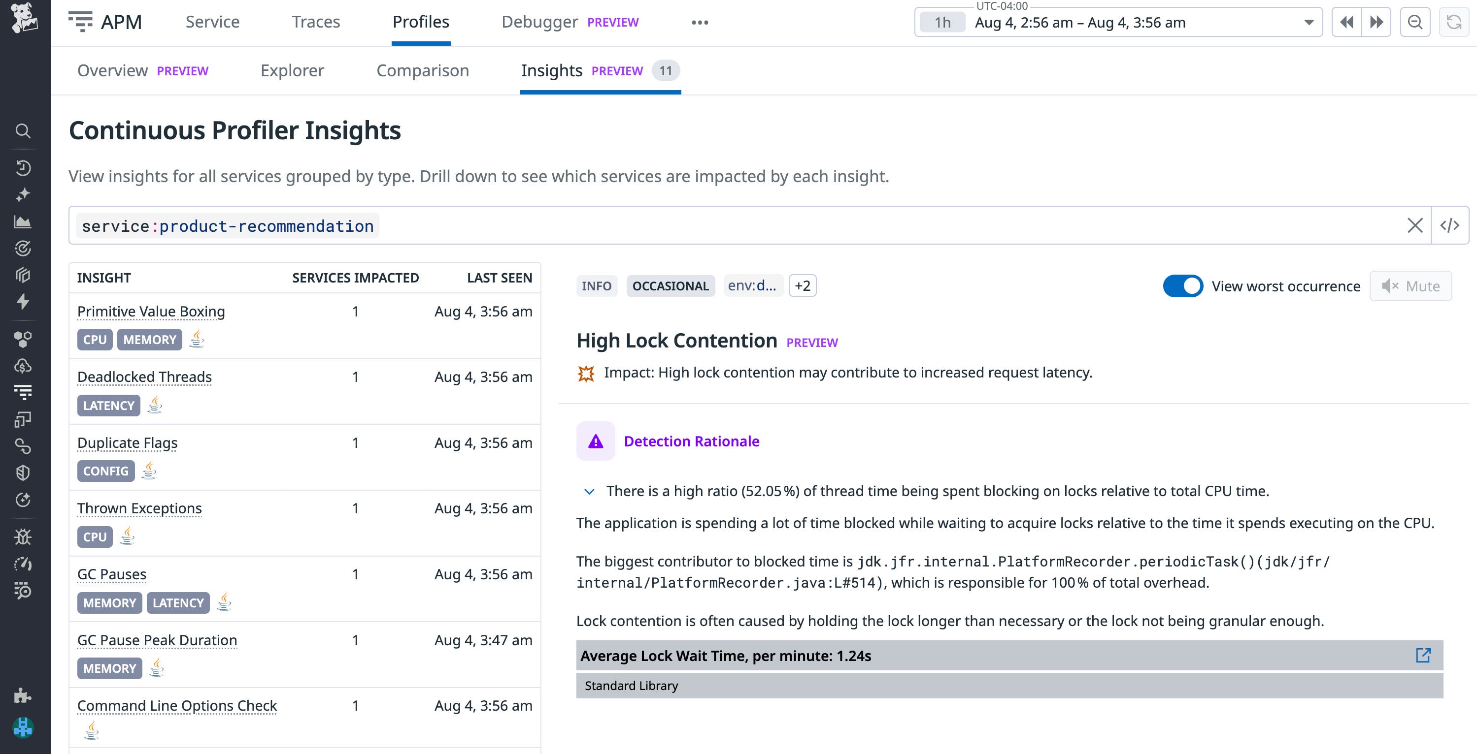 Easily identify issues such as high lock contention using the Datadog Continuous Profiler's Insights tab. Easily identify issues such as high lock contention using the Datadog Continuous Profiler's Insights tab.