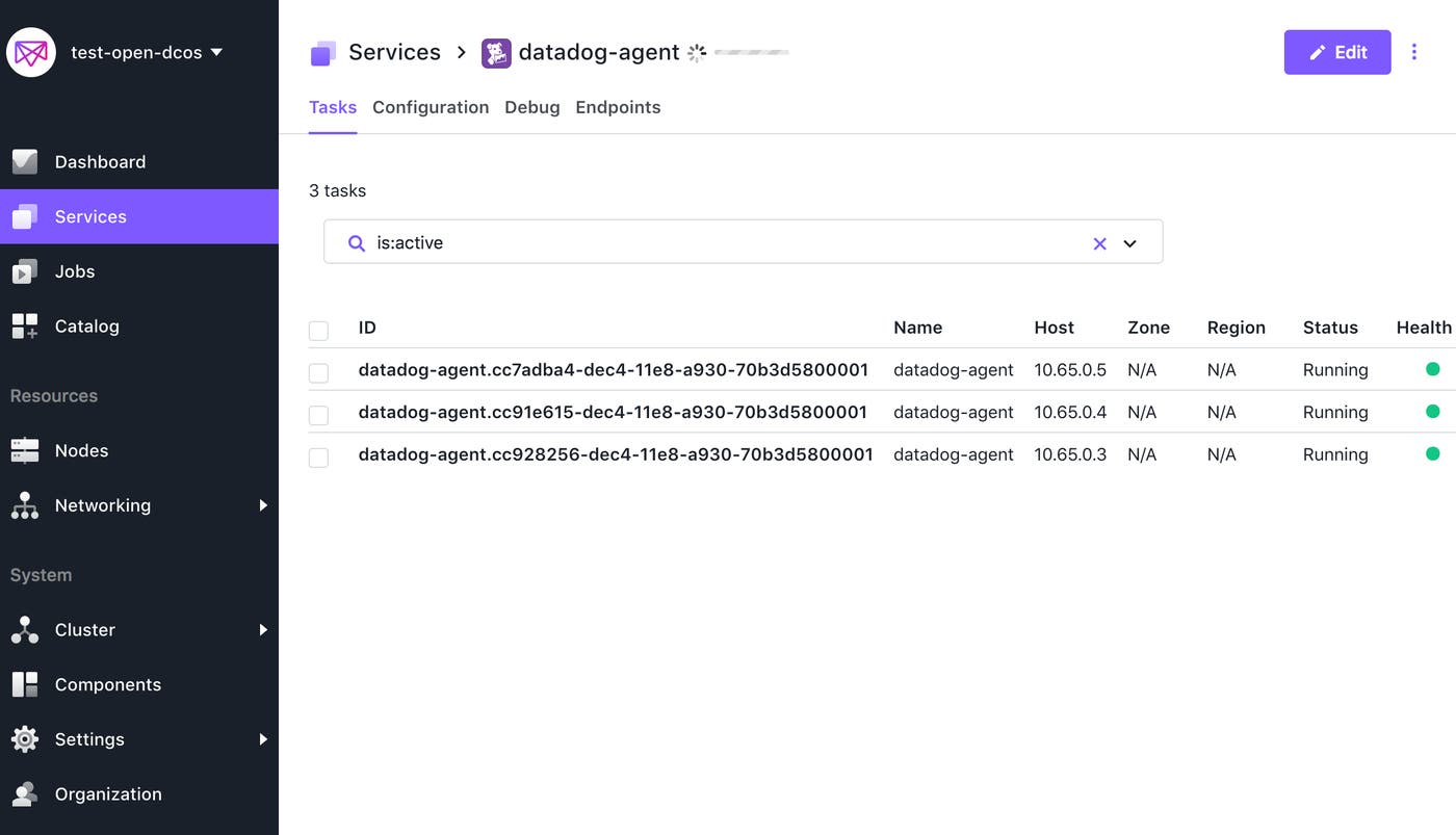 The DC/OS Services page shows the Agent running on all nodes. The DC/OS Services page shows the Agent running on all nodes.
