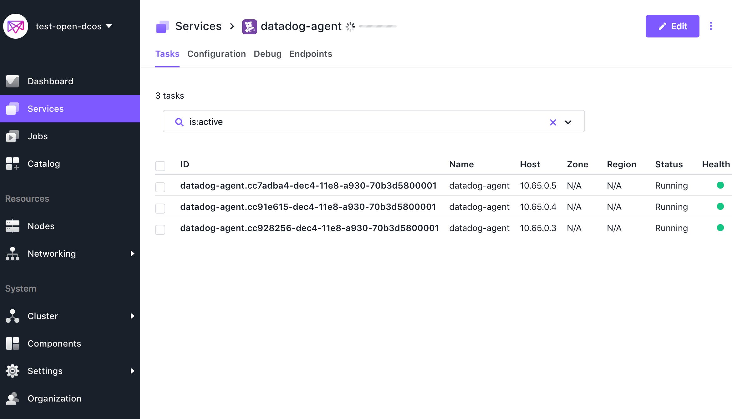 The DC/OS Services page shows the Agent running on all nodes. The DC/OS Services page shows the Agent running on all nodes.