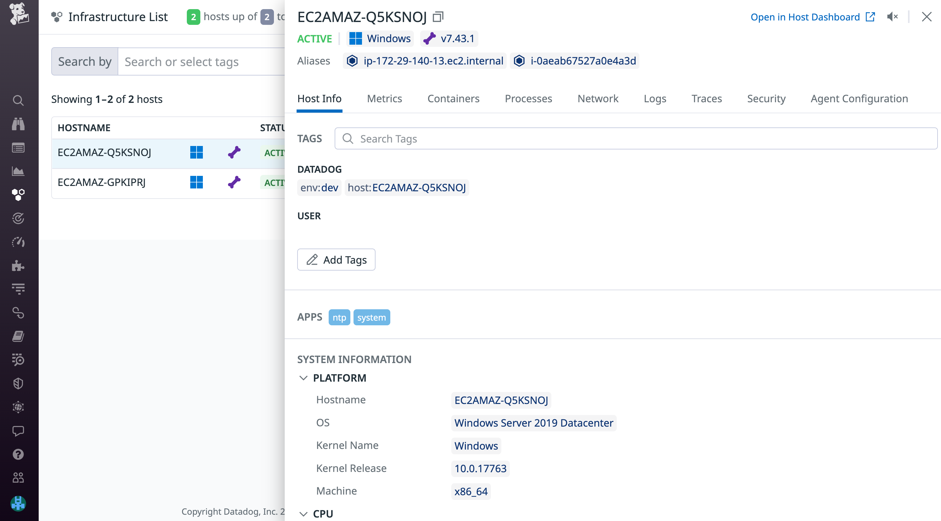 View your managed Windows hosts in Datadog's Infrastructure list.