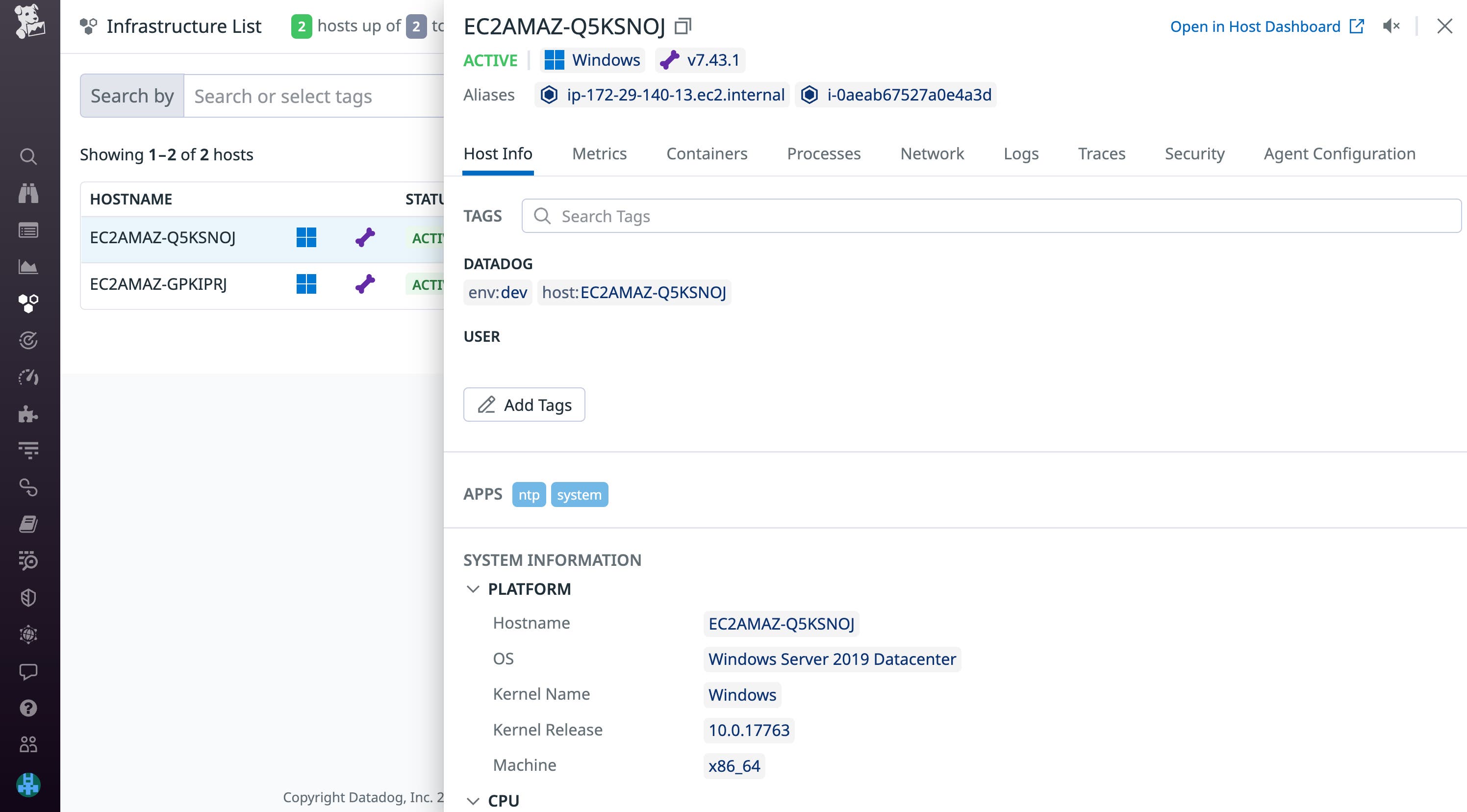 View your managed Windows hosts in Datadog's Infrastructure list. View your managed Windows hosts in Datadog's Infrastructure list.