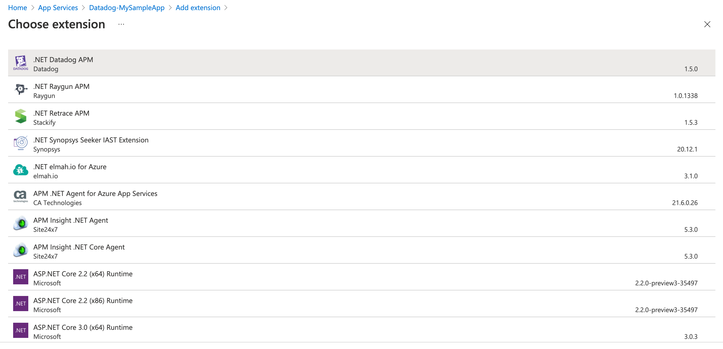 Datadog's .NET extension for Azure App Service