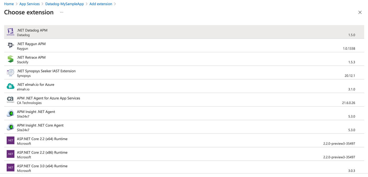 Datadog's .NET extension for Azure App Service Datadog's .NET extension for Azure App Service