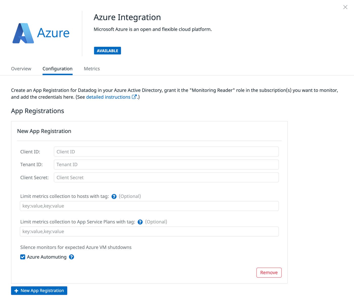 Datadog's Azure integration tile Datadog's Azure integration tile