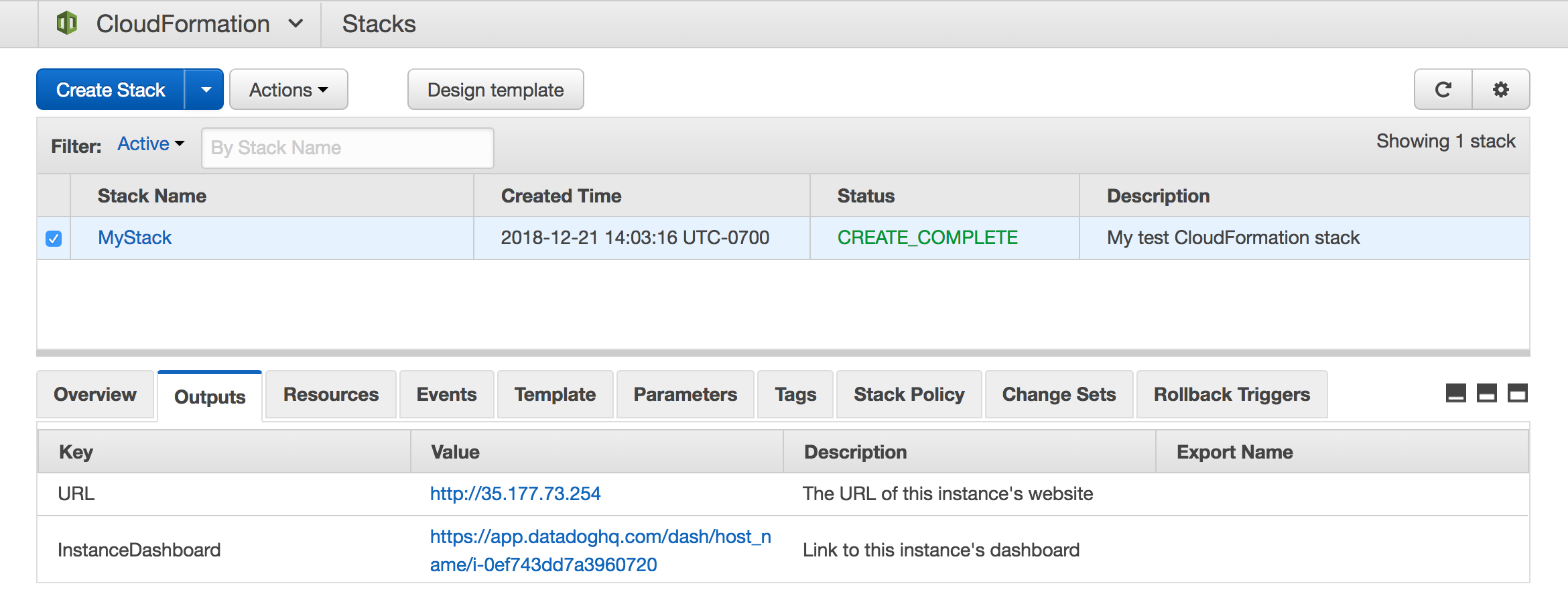 The AWS console shows your stack creation is complete.