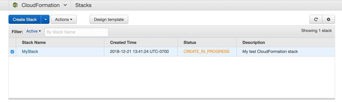 The AWS console shows your stack creation in progress. The AWS console shows your stack creation in progress.