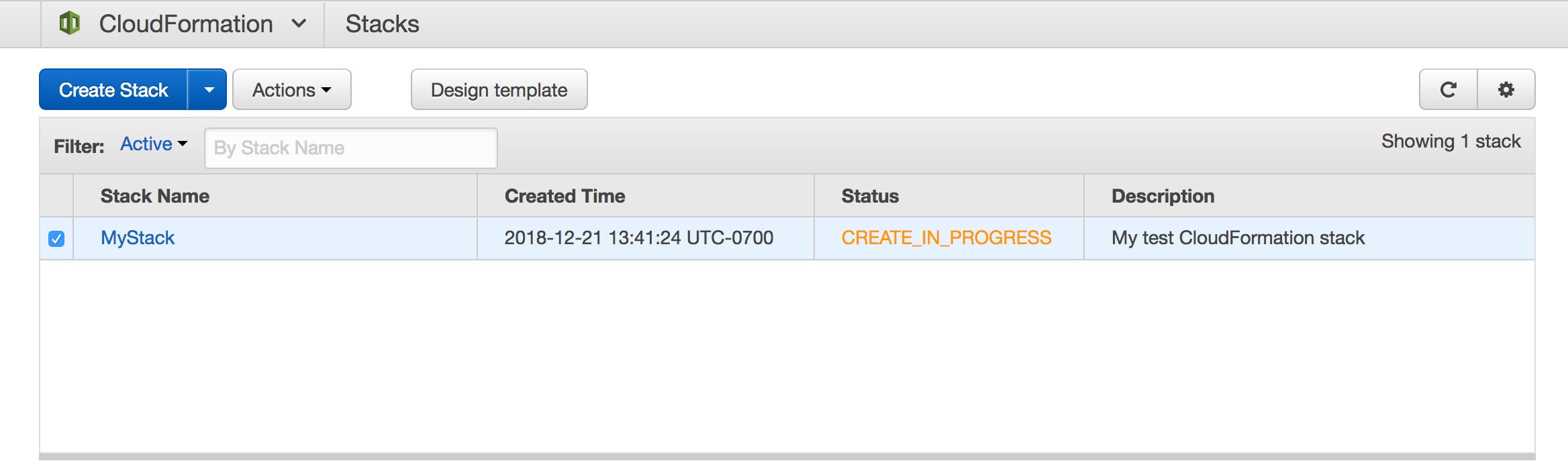 The AWS console shows your stack creation in progress. The AWS console shows your stack creation in progress.