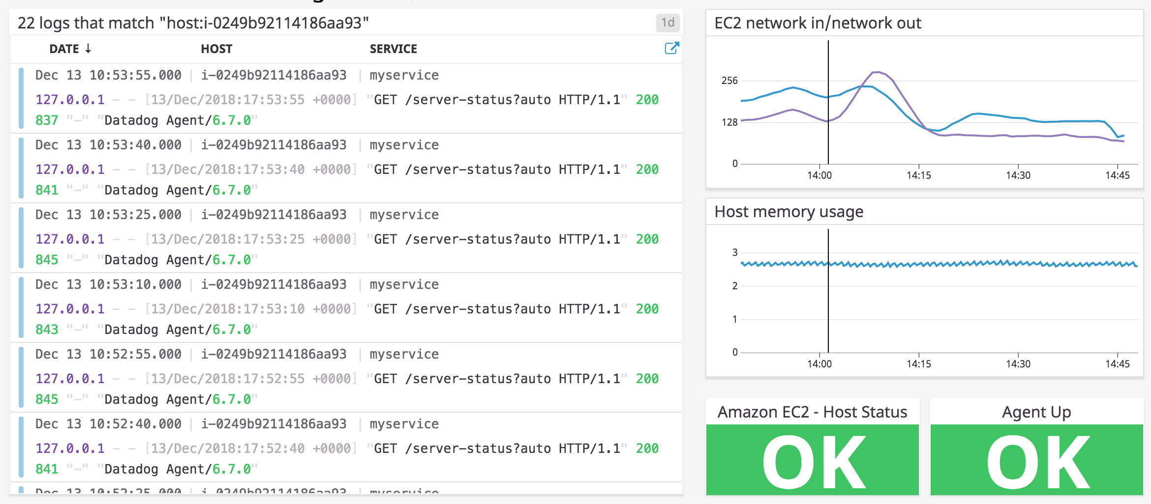 Custom Datadog dashboard shows metrics and logs from an EC2 instance.