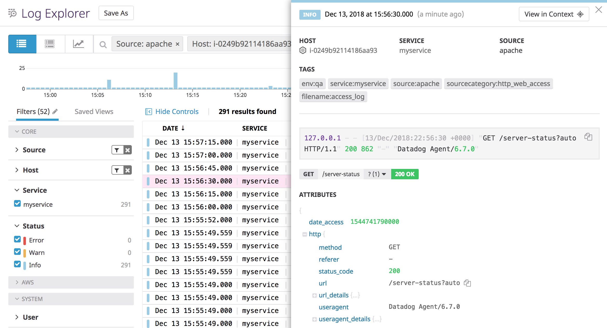 This Log Explorer view shows logs that share the same Source value as the metrics above.