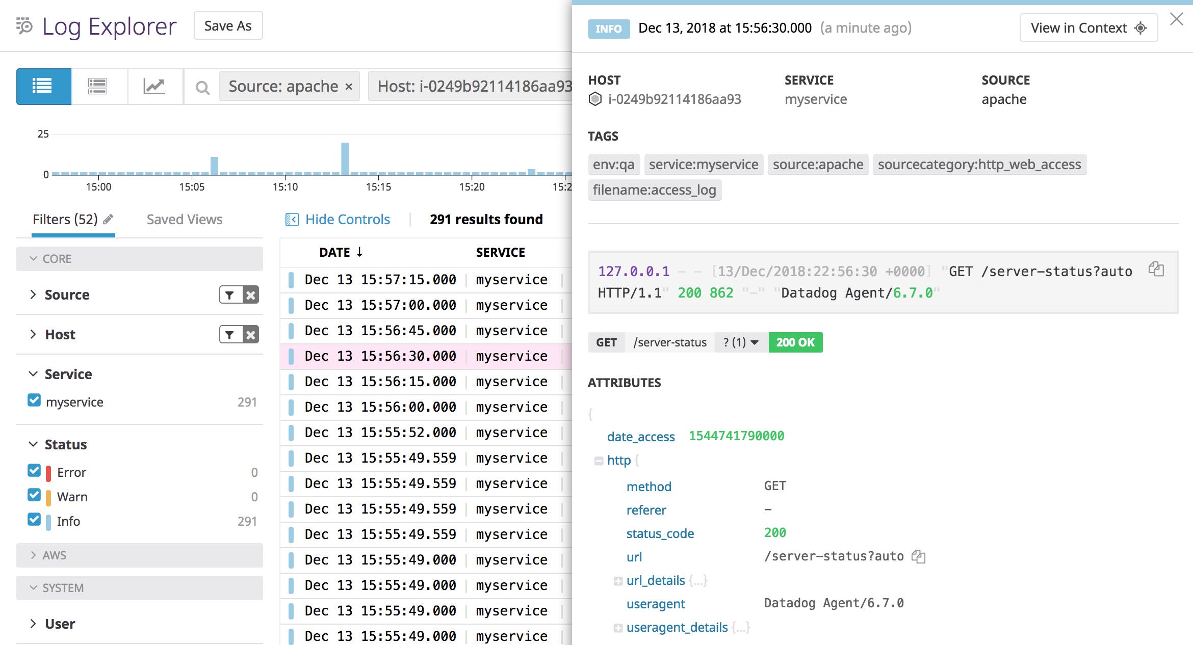 This Log Explorer view shows logs that share the same Source value as the metrics above. This Log Explorer view shows logs that share the same Source value as the metrics above.