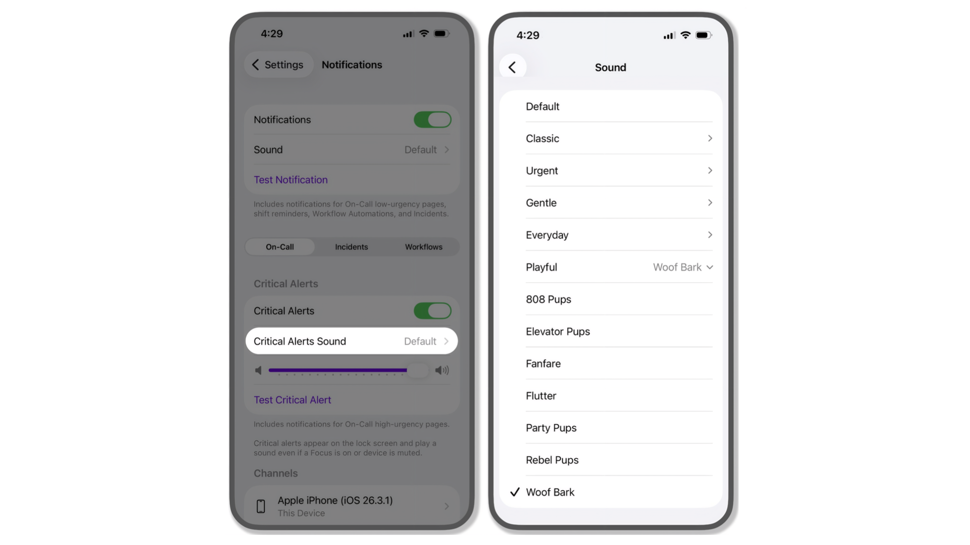Two cellphone screens that show notification settings and the available sounds for Datadog On-Call.