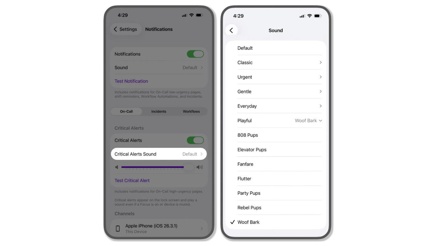 Two cellphone screens that show notification settings and the available sounds for Datadog On-Call. Two cellphone screens that show notification settings and the available sounds for Datadog On-Call.