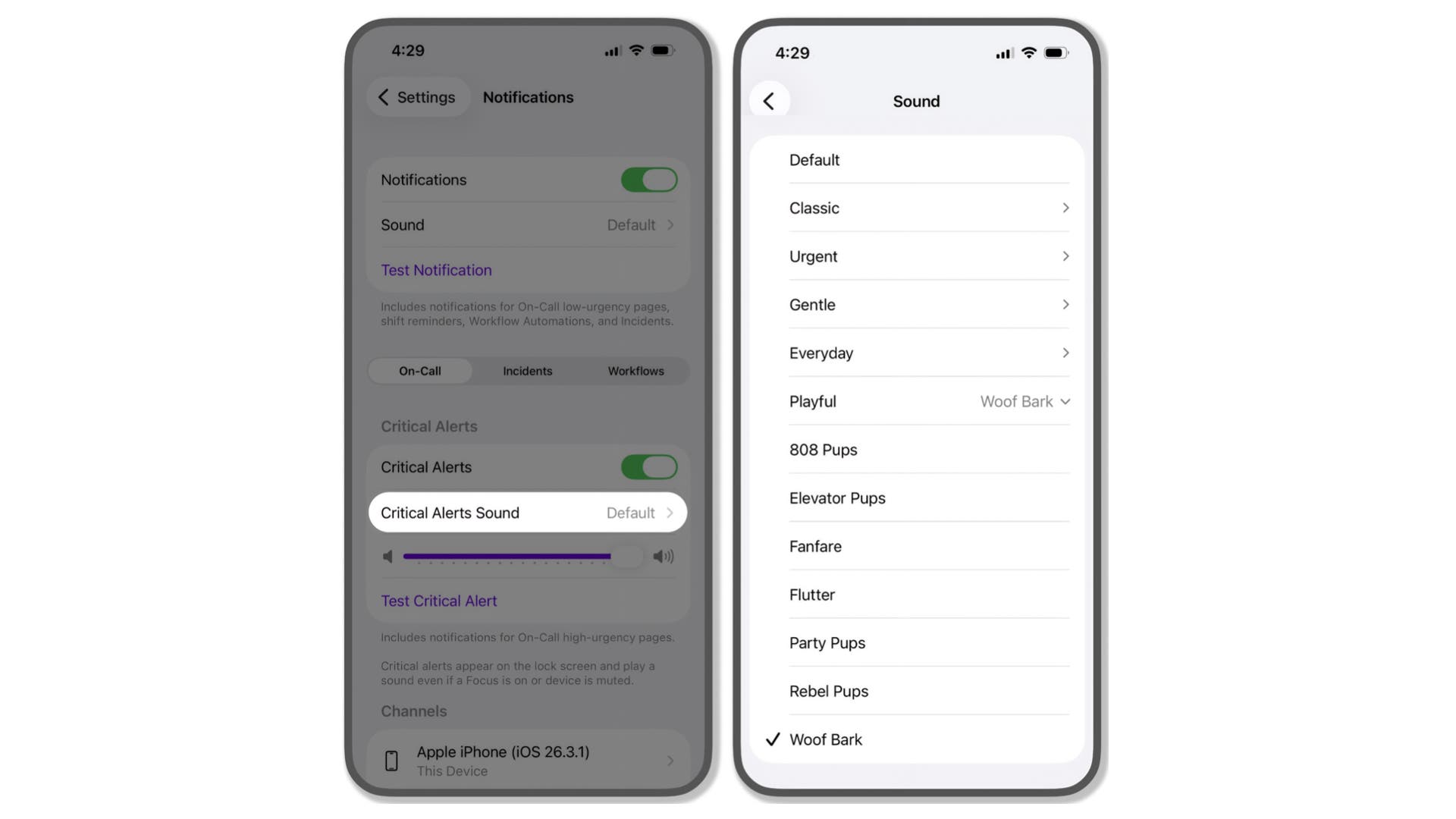 Two cellphone screens that show notification settings and the available sounds for Datadog On-Call. Two cellphone screens that show notification settings and the available sounds for Datadog On-Call.