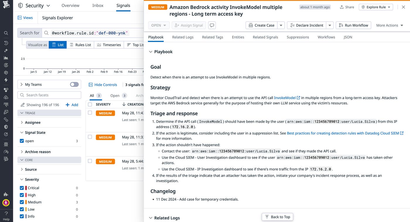 Datadog security signal showing AWS Bedrock invocations Datadog security signal showing AWS Bedrock invocations