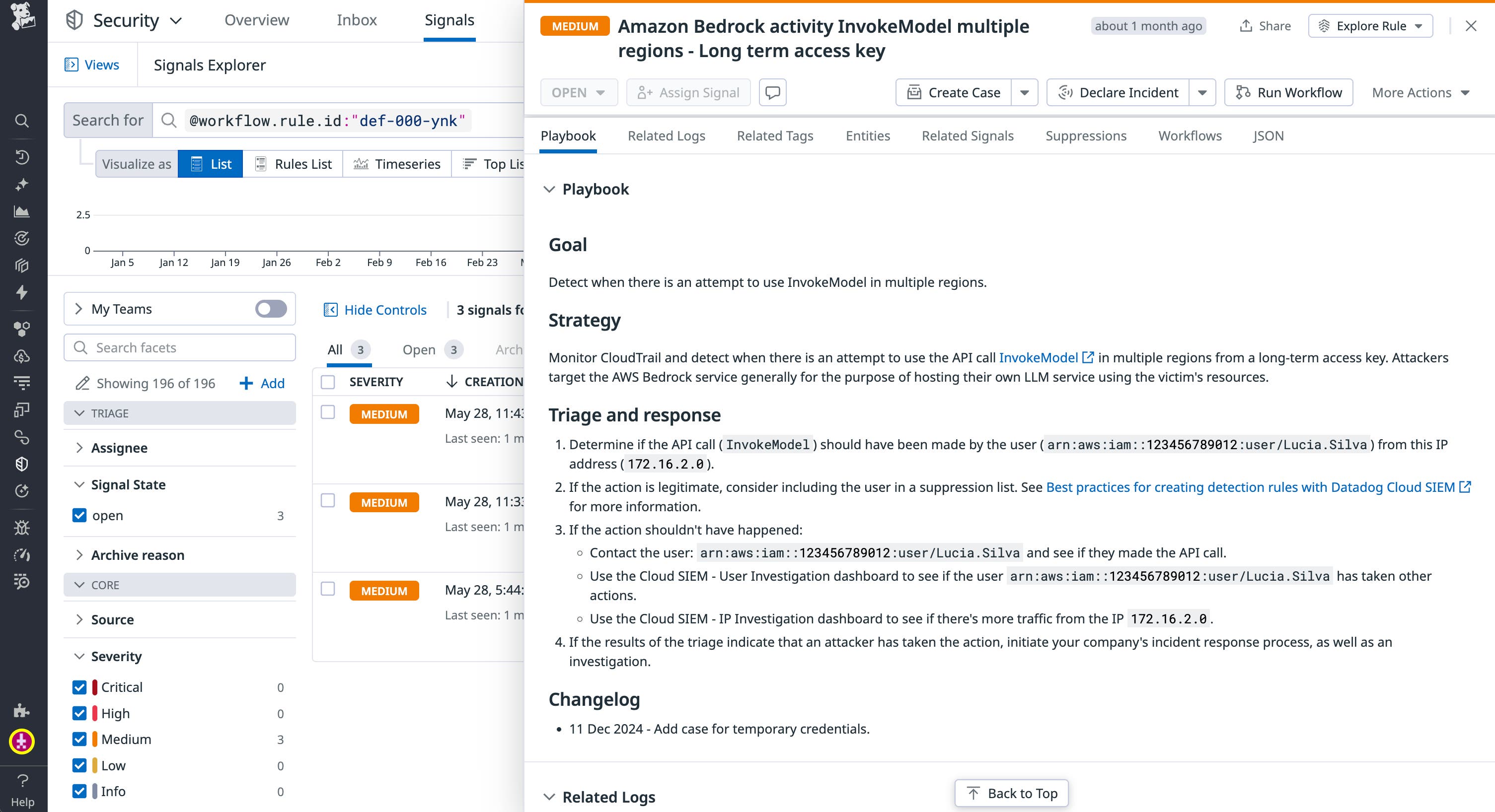 Datadog security signal showing AWS Bedrock invocations Datadog security signal showing AWS Bedrock invocations