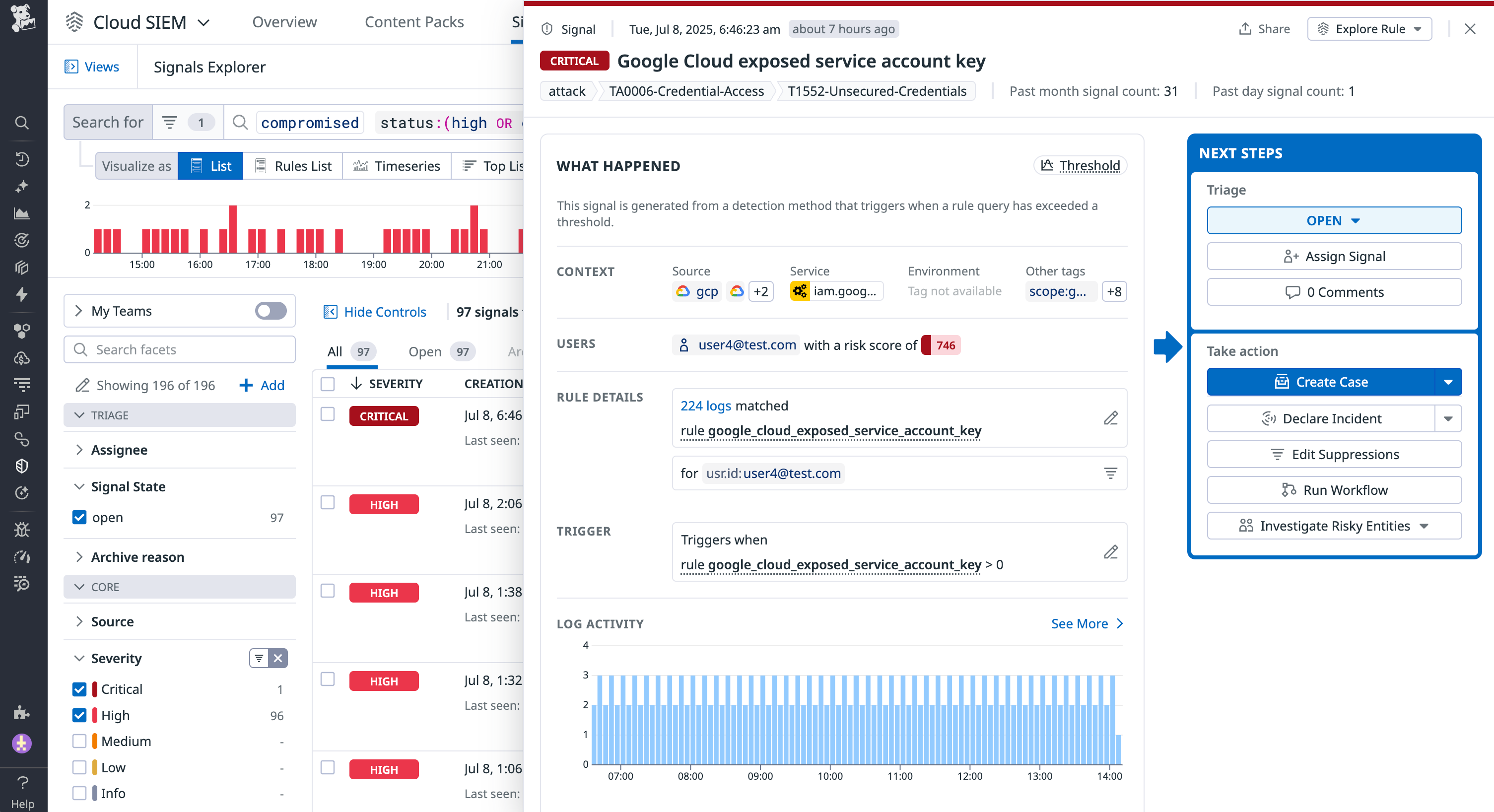 Datadog security signal for a compromised Google Cloud key