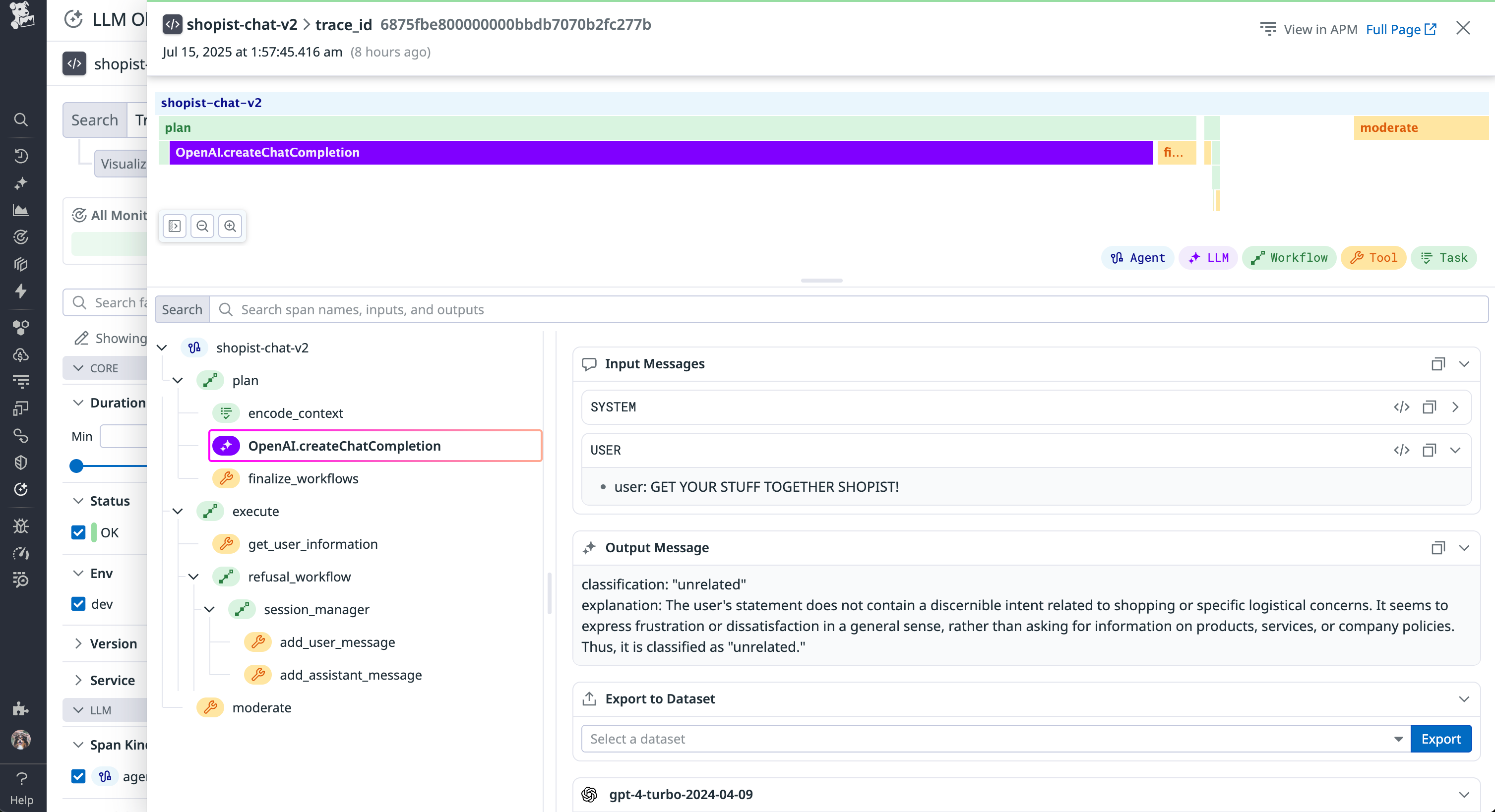 Datadog LLM Observability evaluation for toxic prompts