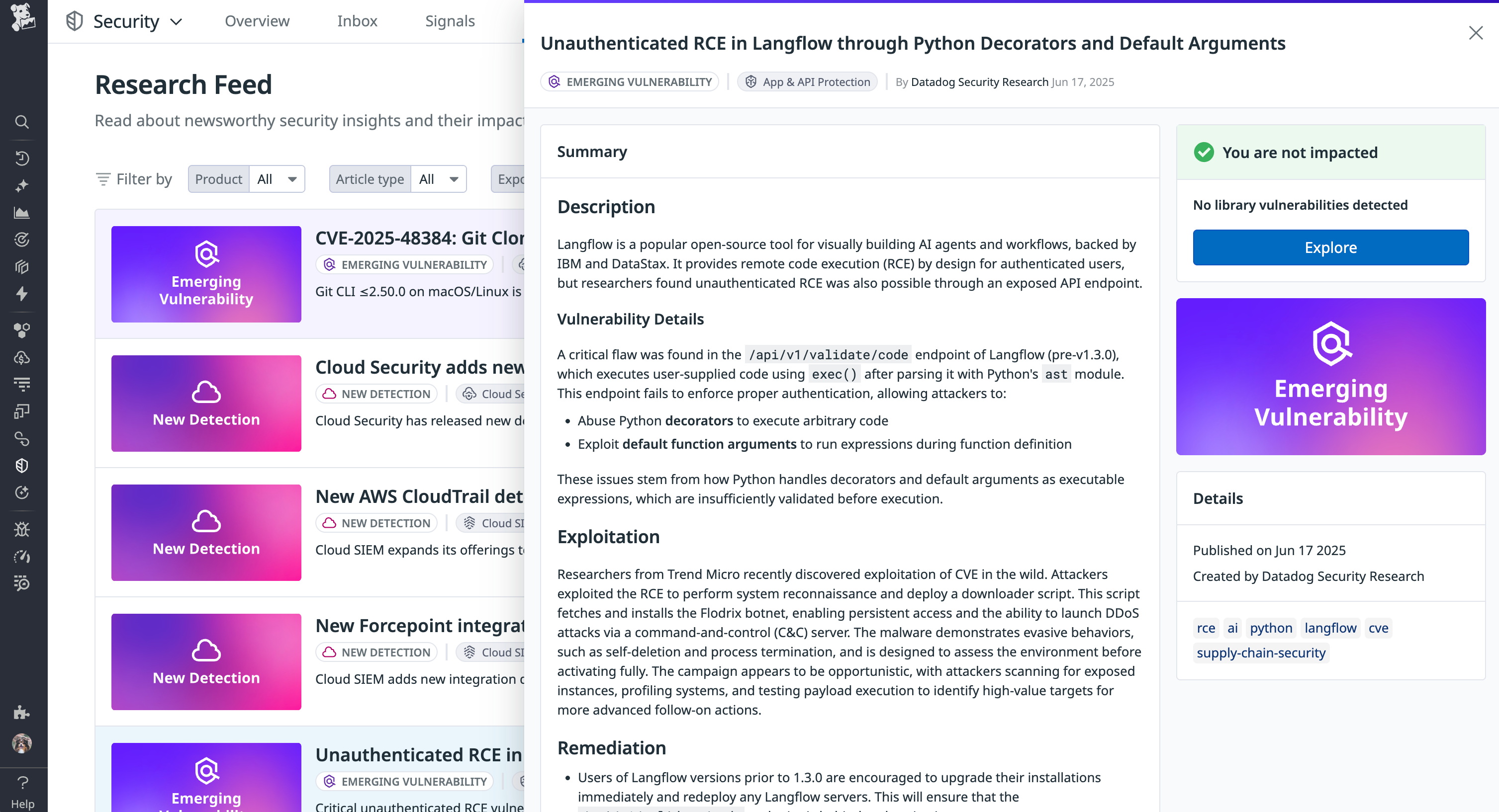 Datadog security feed entry for Langflow