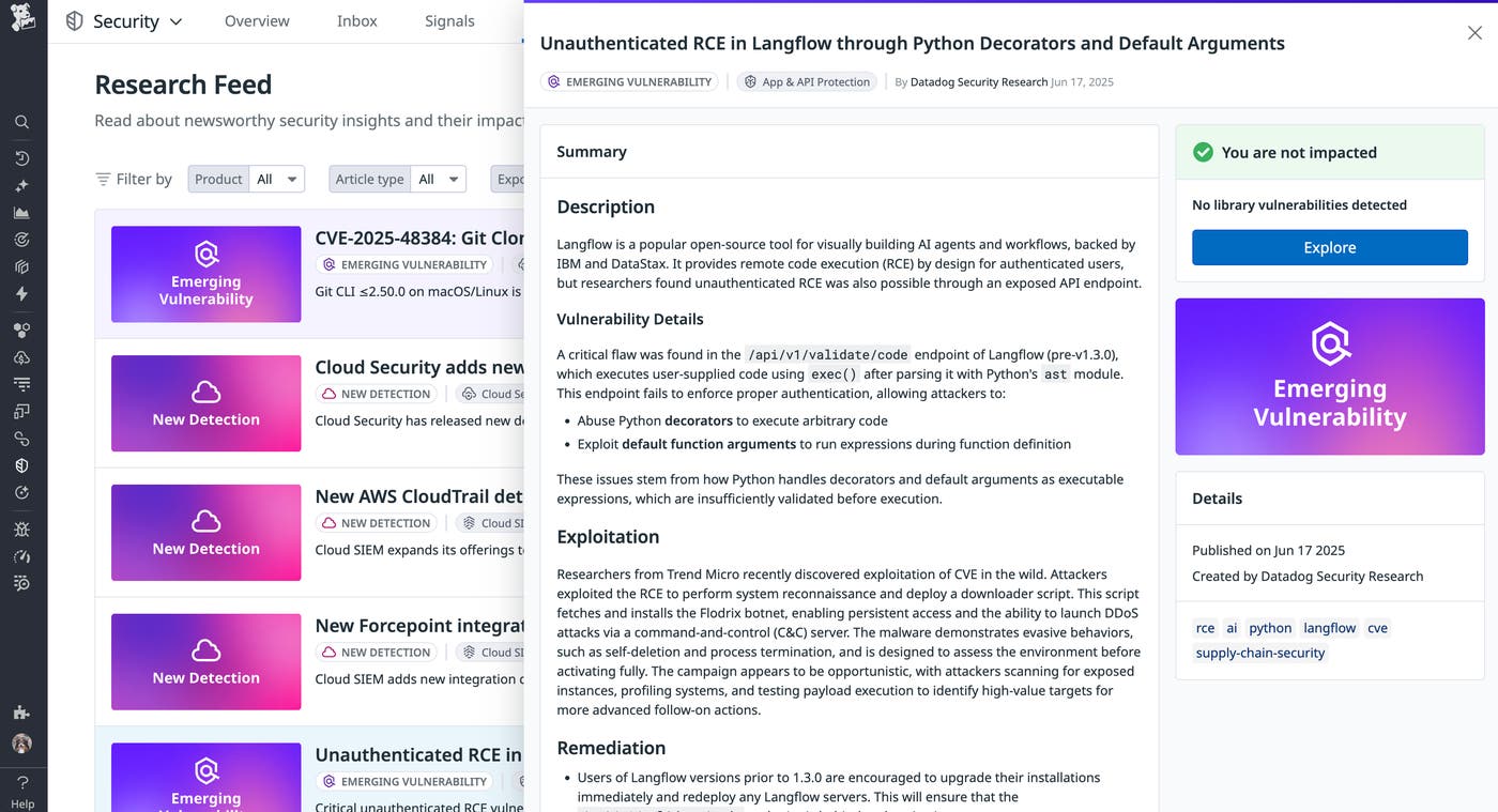 Datadog security feed entry for Langflow Datadog security feed entry for Langflow