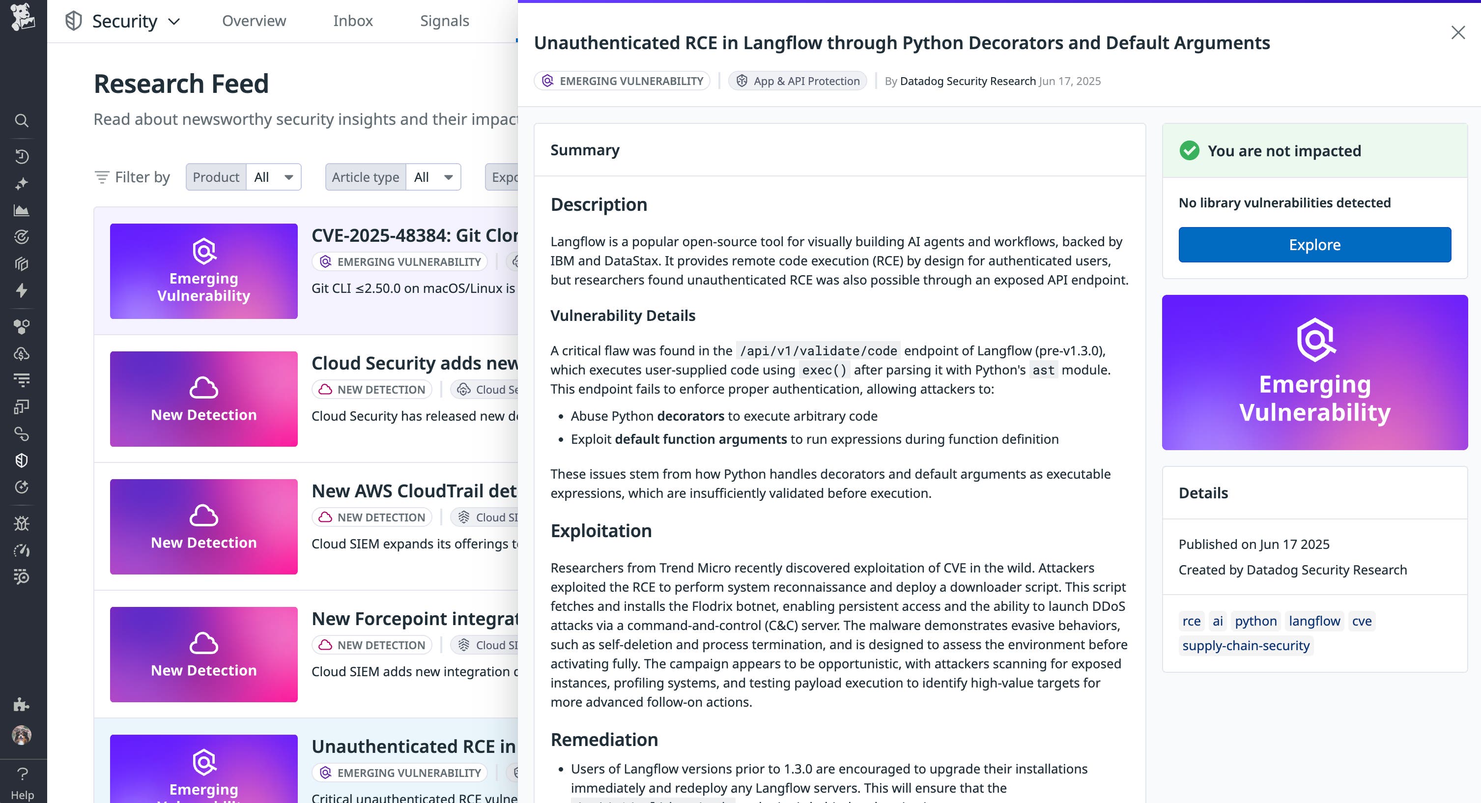Datadog security feed entry for Langflow Datadog security feed entry for Langflow