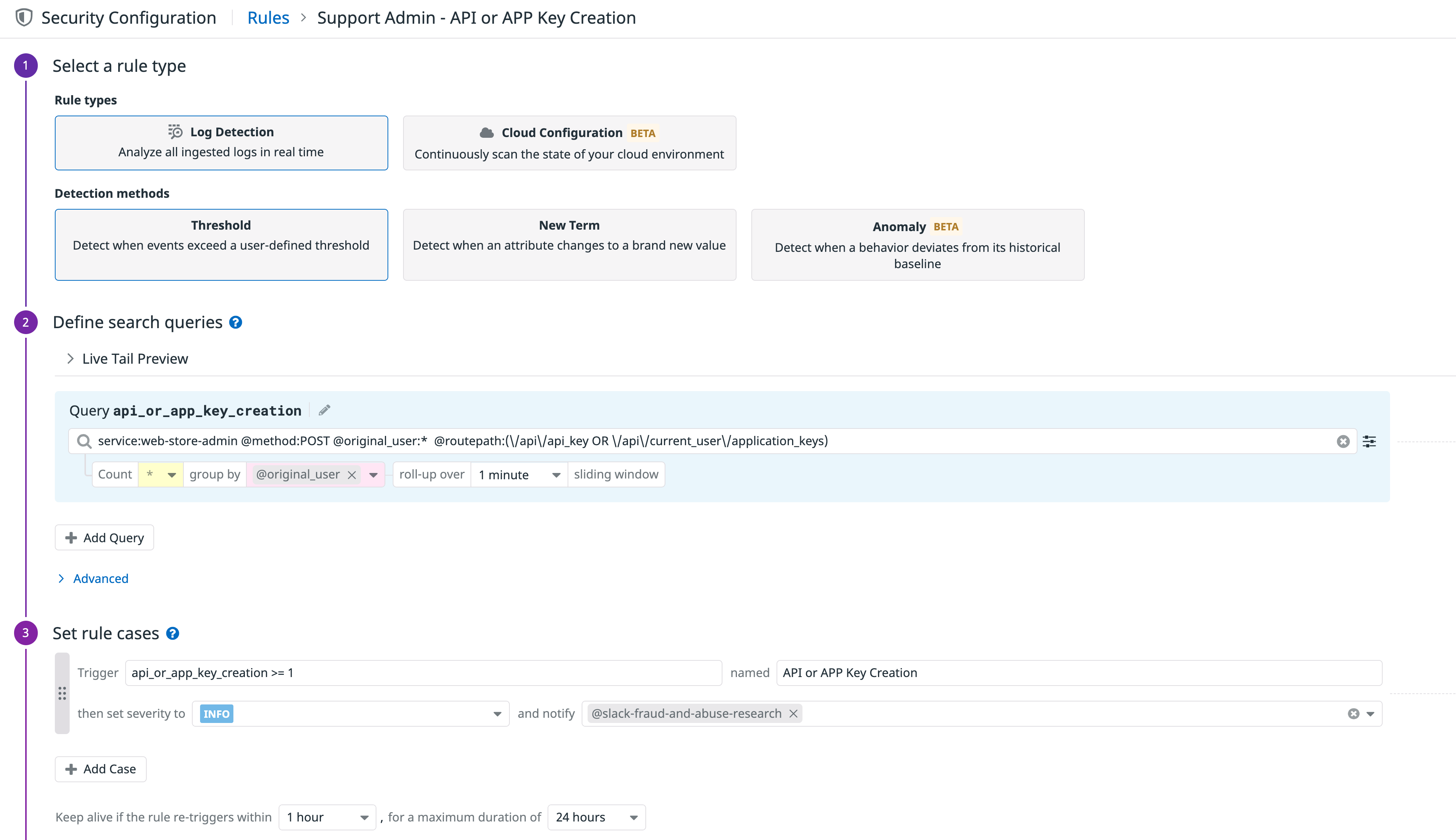 Create security signals to proactively detect threats to applications.