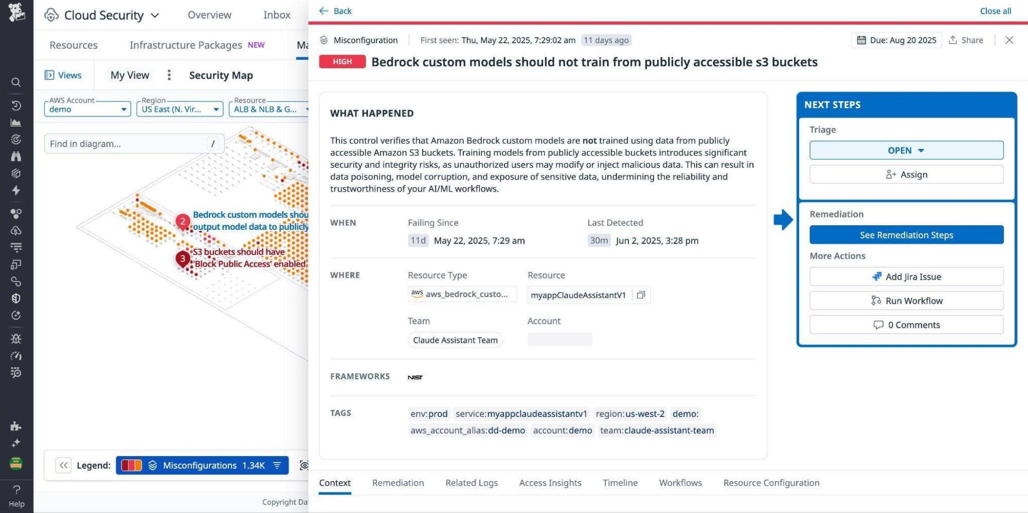 Datadog Bedrock security detection with context and suggested remediations.