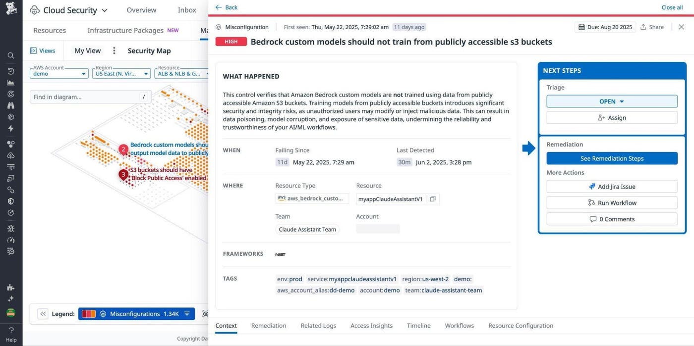 Datadog Bedrock security detection with context and suggested remediations. Datadog Bedrock security detection with context and suggested remediations.