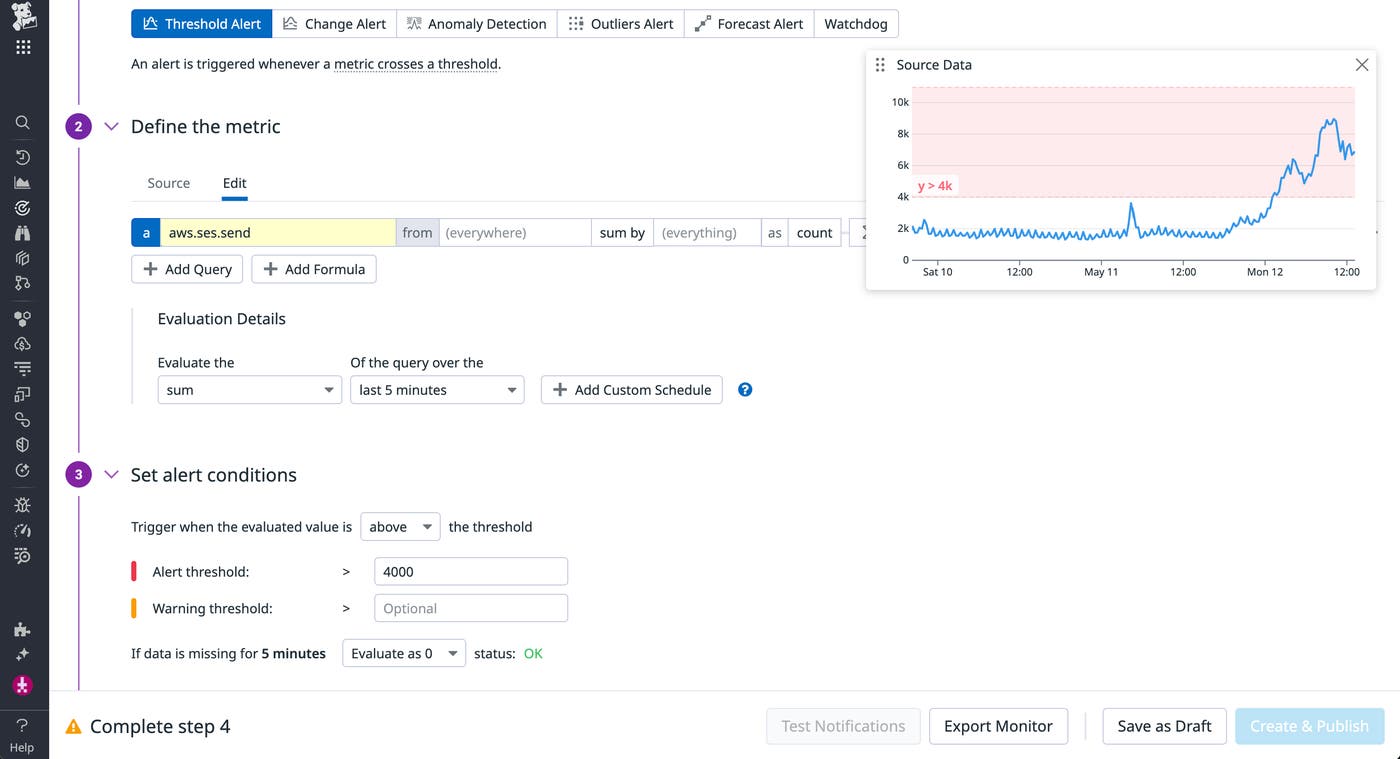 Datadog threshold monitor that tracks the Amazon SES send metric. Datadog threshold monitor that tracks the Amazon SES send metric.