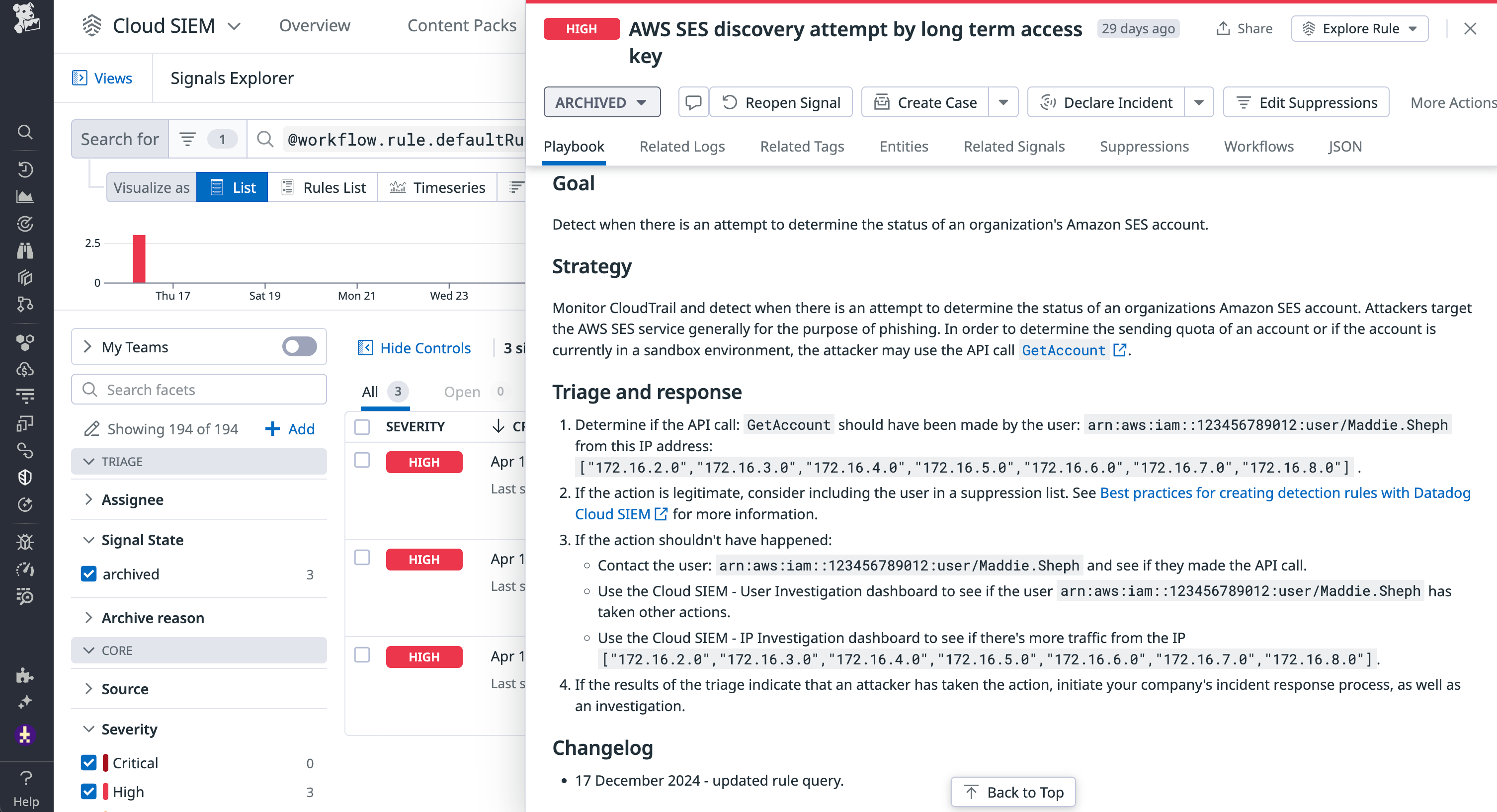 Datadog Cloud SIEM signal that shows an Amazon SES discovery attempt.