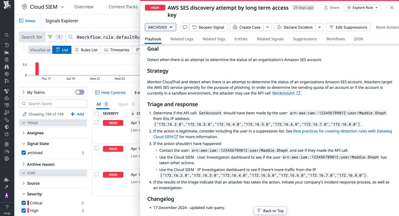 Datadog Cloud SIEM signal that shows an Amazon SES discovery attempt. Datadog Cloud SIEM signal that shows an Amazon SES discovery attempt.