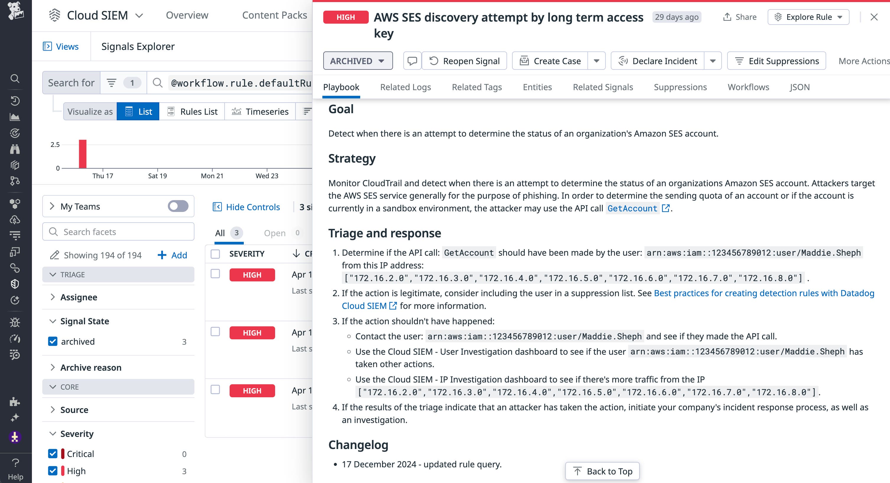 Datadog Cloud SIEM signal that shows an Amazon SES discovery attempt. Datadog Cloud SIEM signal that shows an Amazon SES discovery attempt.