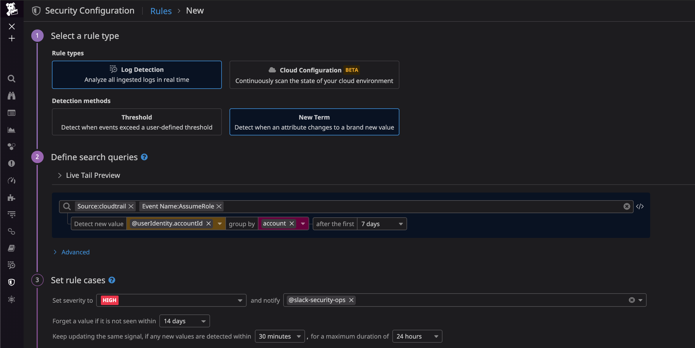 You can create Detection Rules that use the new term detection method to detect novel activity in your environment, such as an unauthorized third party attempting to access your AWS resources.