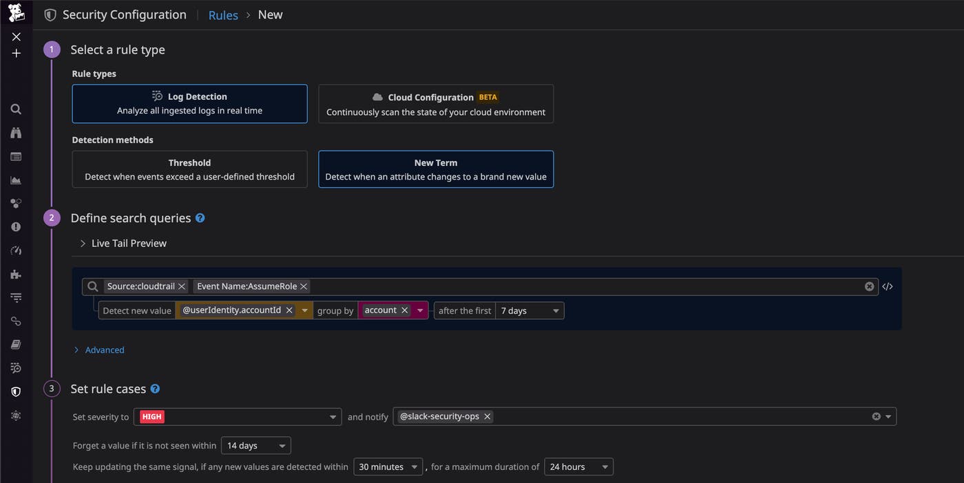 You can create Detection Rules that use the new term detection method to detect novel activity in your environment, such as an unauthorized third party attempting to access your AWS resources. You can create Detection Rules that use the new term detection method to detect novel activity in your environment, such as an unauthorized third party attempting to access your AWS resources.