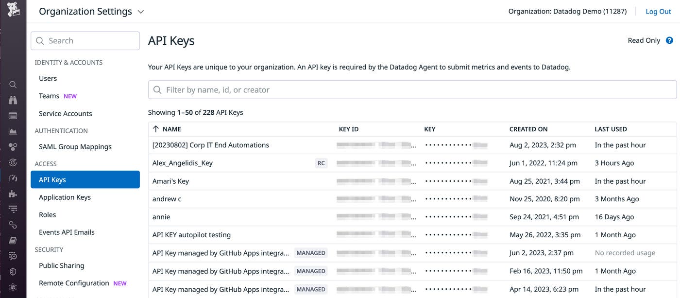 On the API key management page of your Datadog account, you can see the last time an API key was used. On the API key management page of your Datadog account, you can see the last time an API key was used.