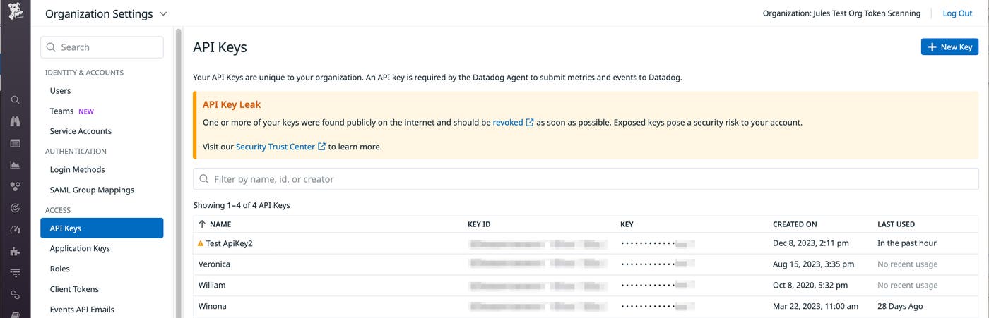 Datadog posts an in-app notification that alerts users to leaked API keys. Datadog posts an in-app notification that alerts users to leaked API keys.