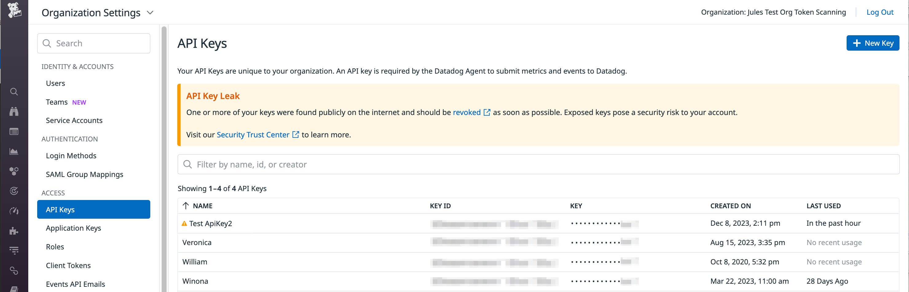 Datadog posts an in-app notification that alerts users to leaked API keys. Datadog posts an in-app notification that alerts users to leaked API keys.
