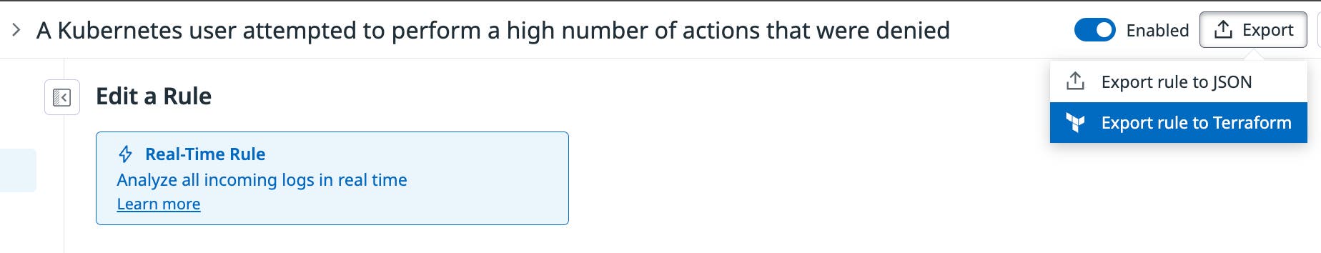 Menu option for exporting detection rule to Terraform Menu option for exporting detection rule to Terraform