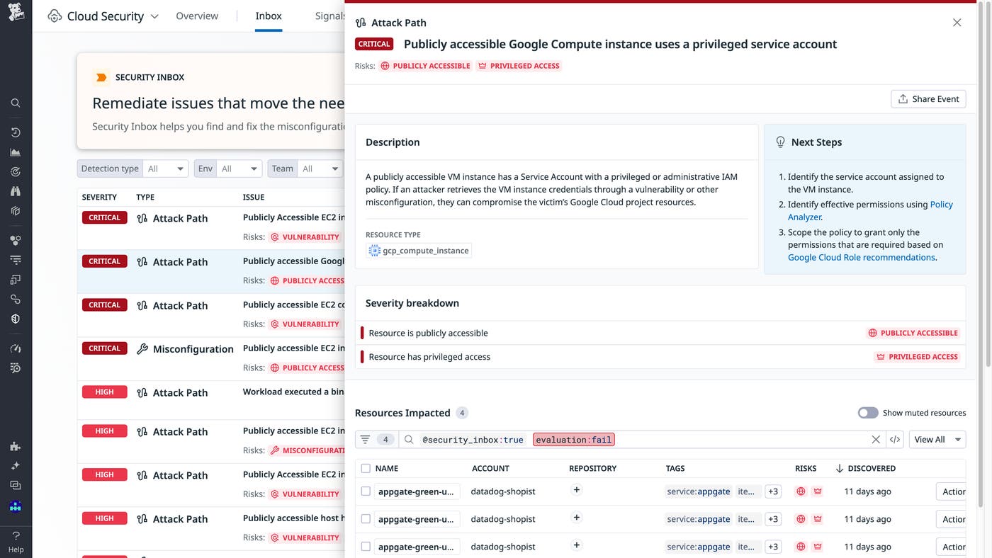 Datadog identifies an internet-facing Google Cloud Compute instance tied to a privileged entity Datadog identifies an internet-facing Google Cloud Compute instance tied to a privileged entity