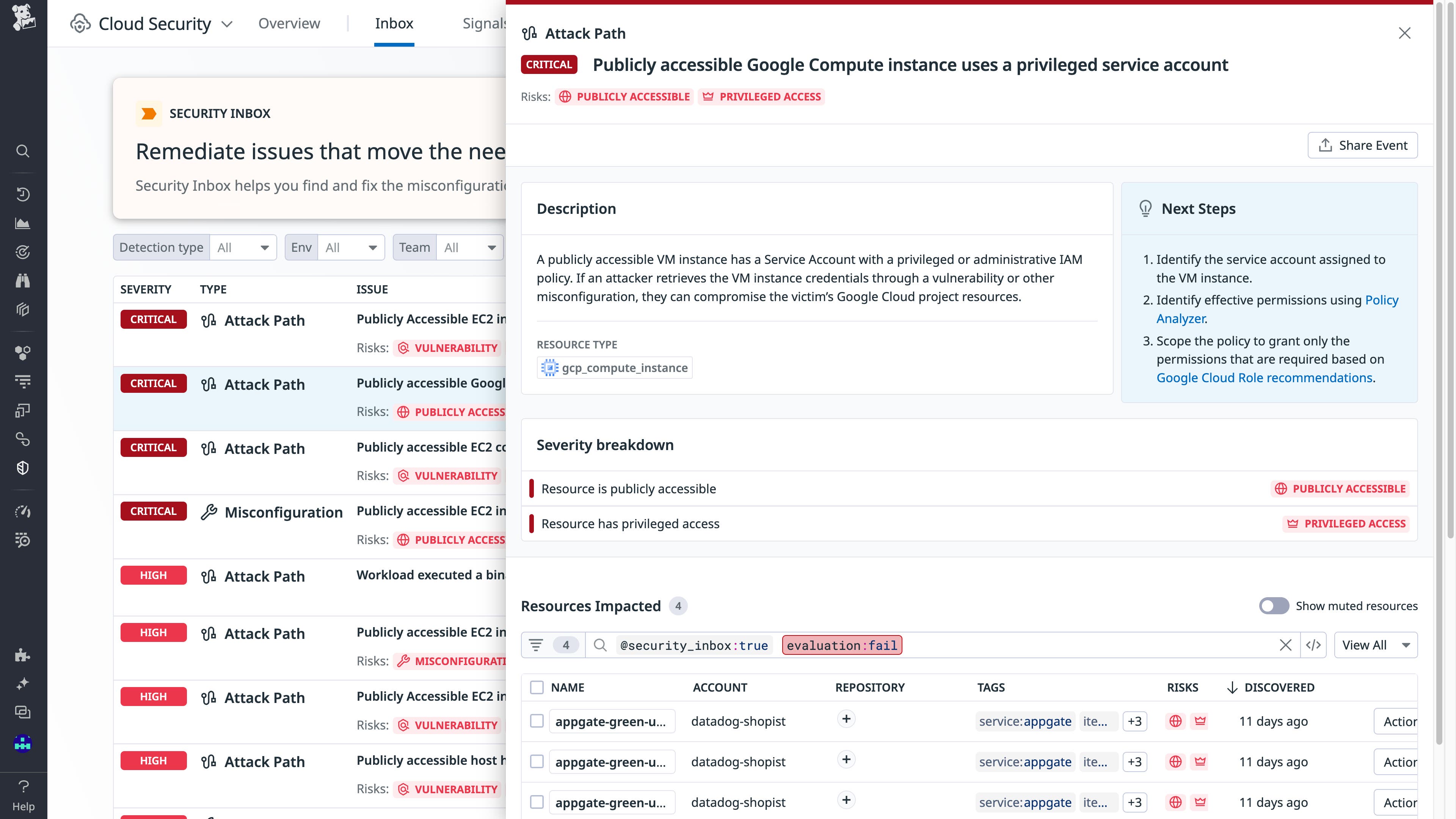 Datadog identifies an internet-facing Google Cloud Compute instance tied to a privileged entity Datadog identifies an internet-facing Google Cloud Compute instance tied to a privileged entity