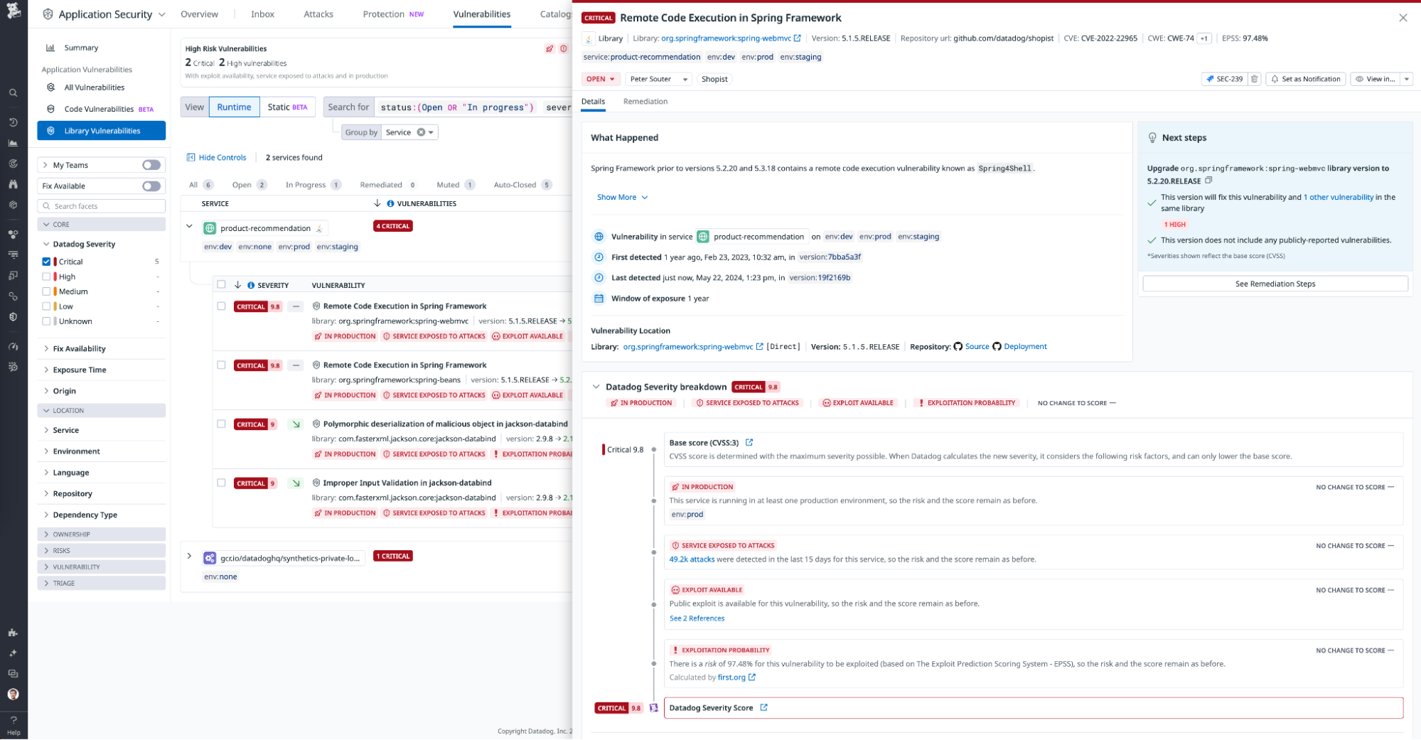 Datadog maintains issue severity score based on context